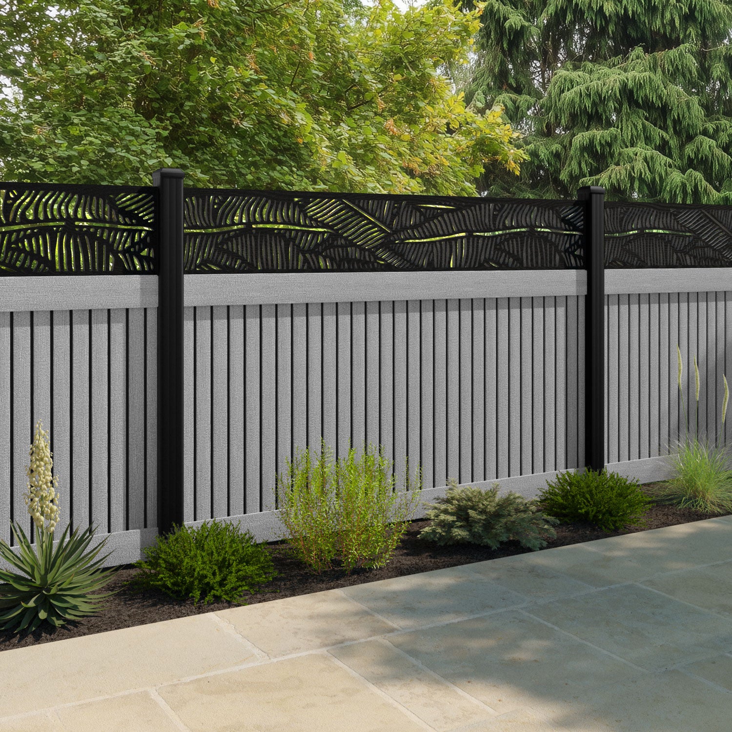 Virtis Feather Fence Panel - Light Grey - with our aluminium posts