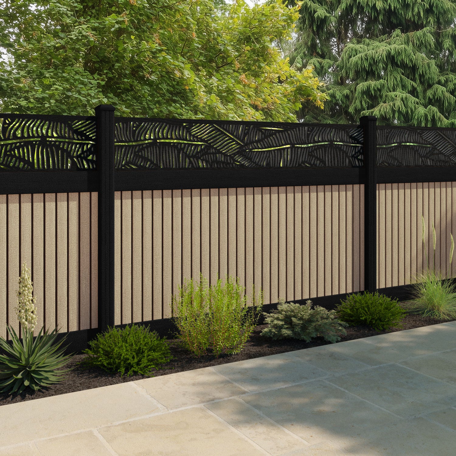 Virtis Feather Fence Panel - Light Oak - with our aluminium posts