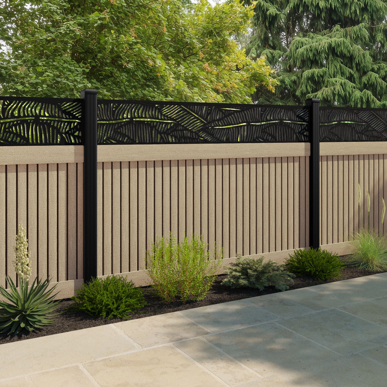 Virtis Feather Fence Panel - Light Oak - with our composite posts