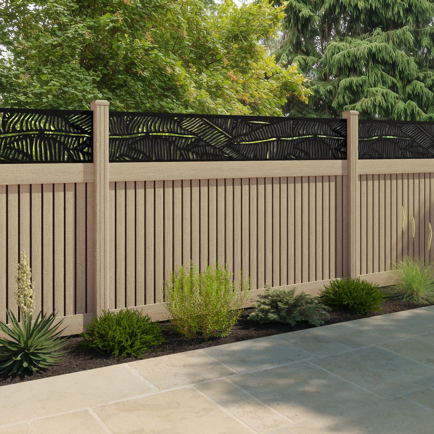 Virtis Feather Fence Panel - Light Oak - with our composite posts