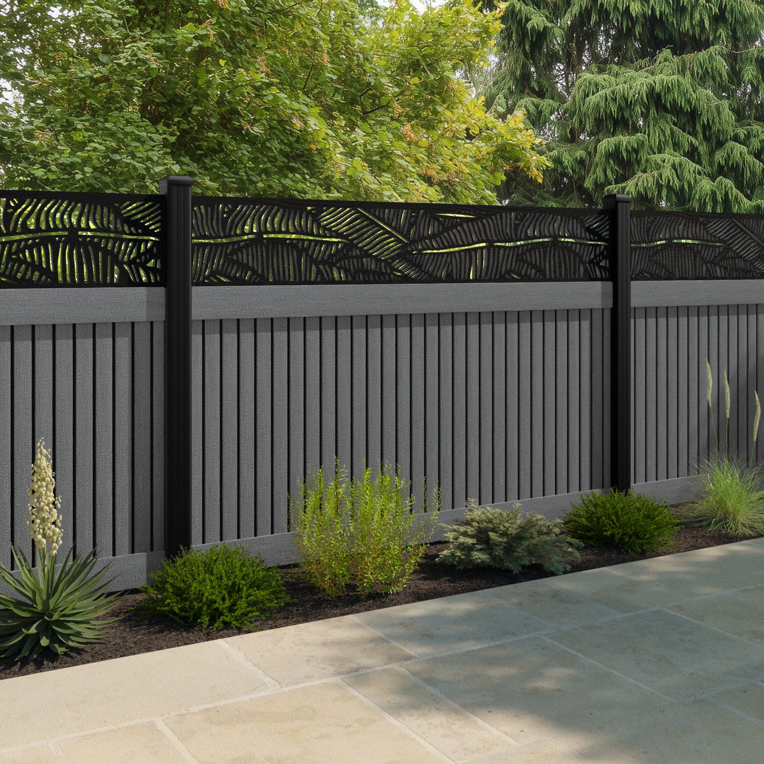 Virtis Feather Fence Panel - Mid Grey - with our aluminium posts