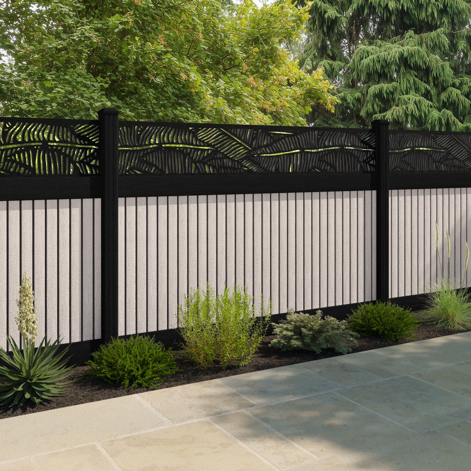 Virtis Feather Fence Panel - Mid Stone - with our composite posts