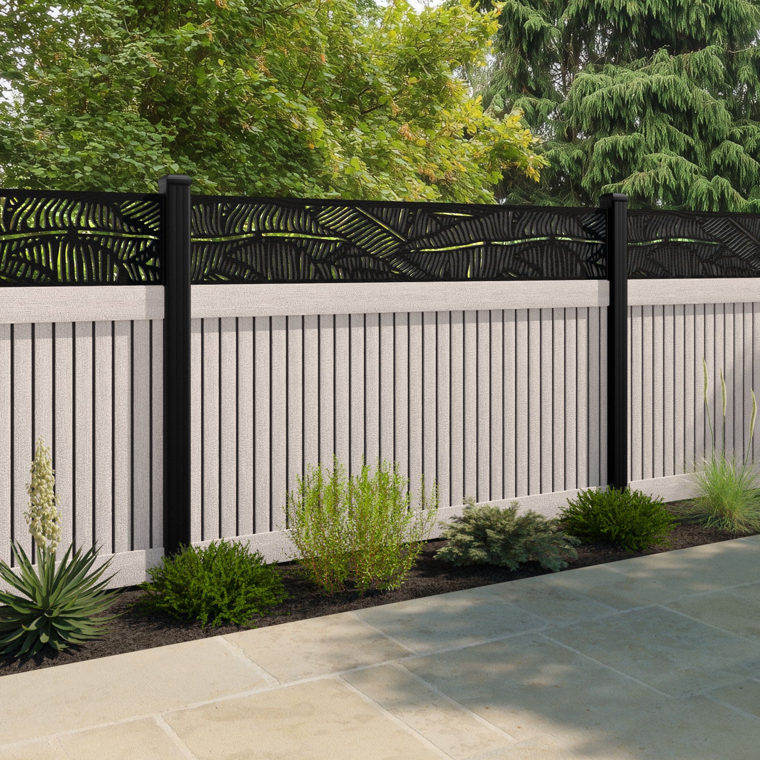 Virtis Feather Fence Panel - Mid Stone - with our aluminium posts