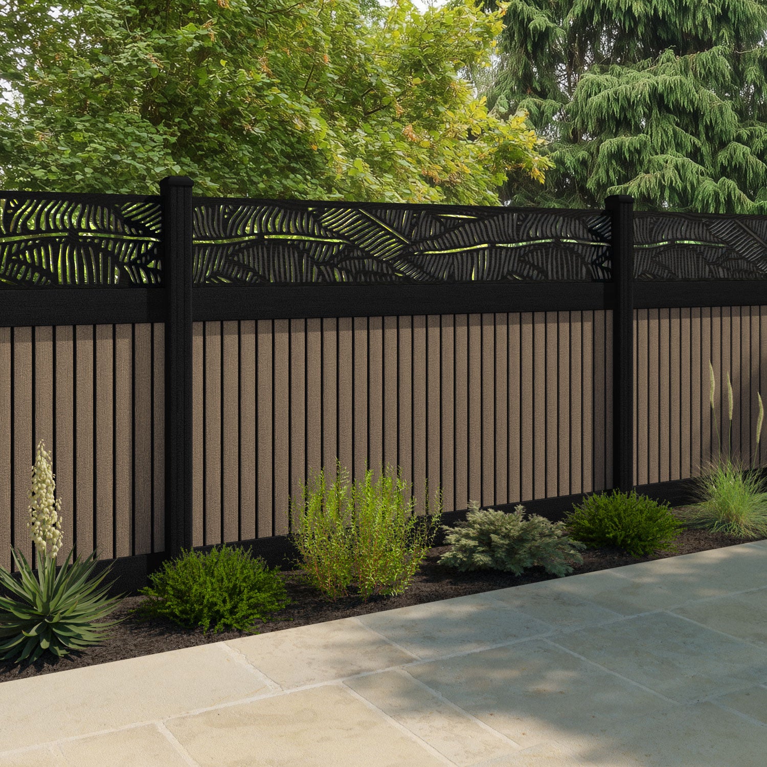 Virtis Feather Fence Panel - Teak - with our aluminium posts