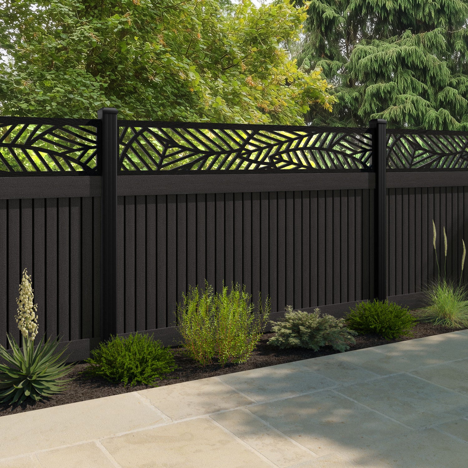 Virtis Habitat Fence Panel - Dark Oak - with our aluminium posts