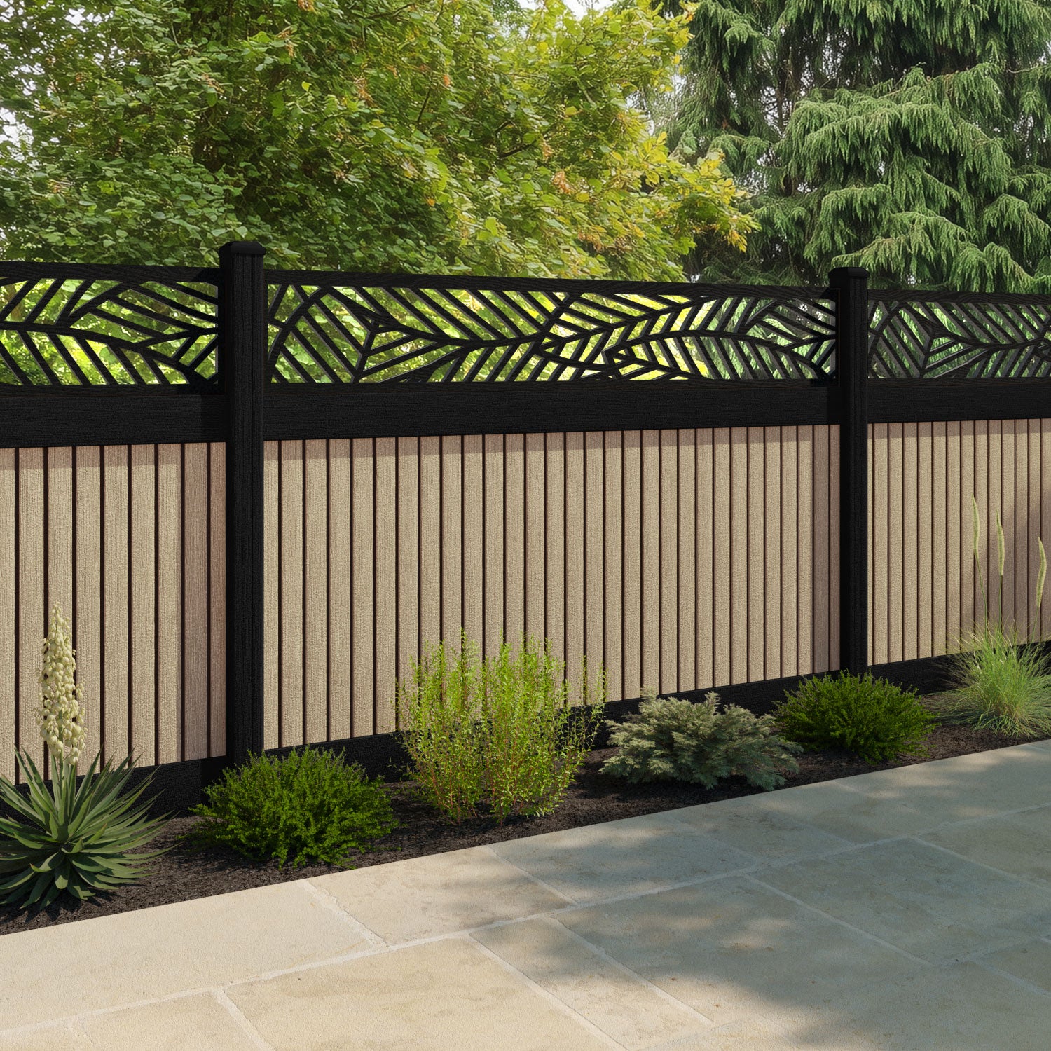 Virtis Habitat Fence Panel - Light Oak - with our aluminium posts