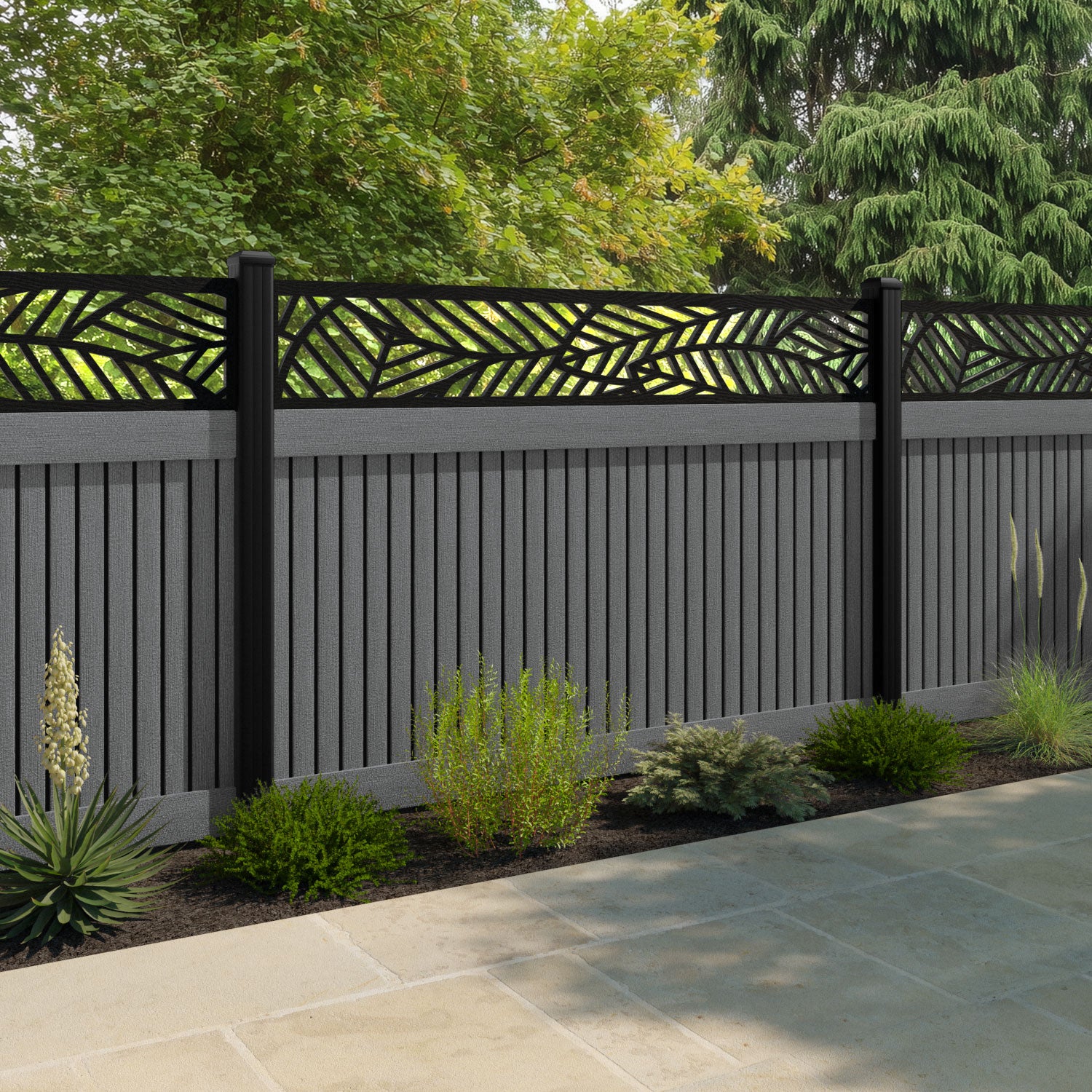 Virtis Habitat Fence Panel - Mid Grey - with our aluminium posts