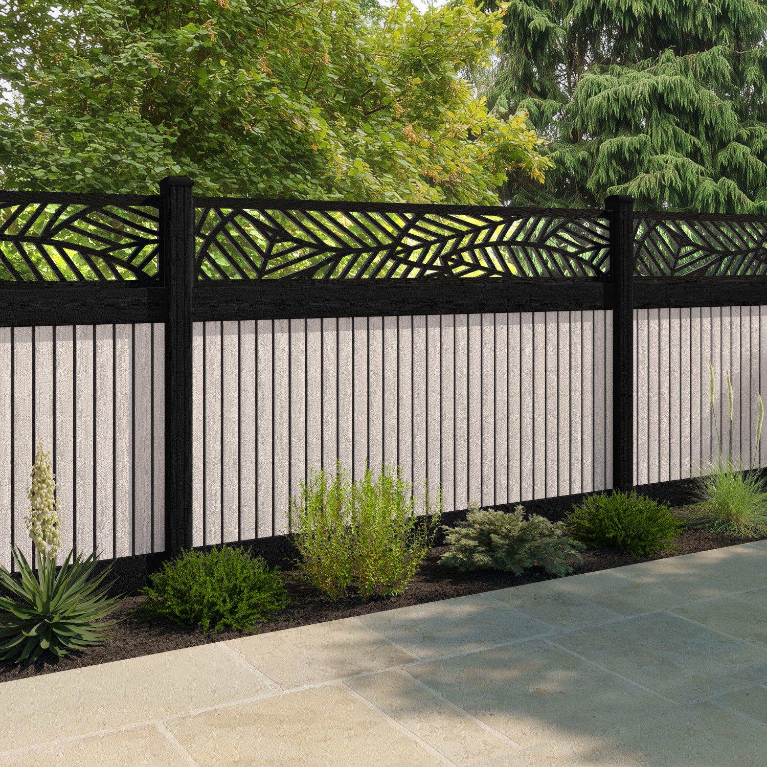 Virtis Habitat Fence Panel - Mid Stone - with our aluminium posts