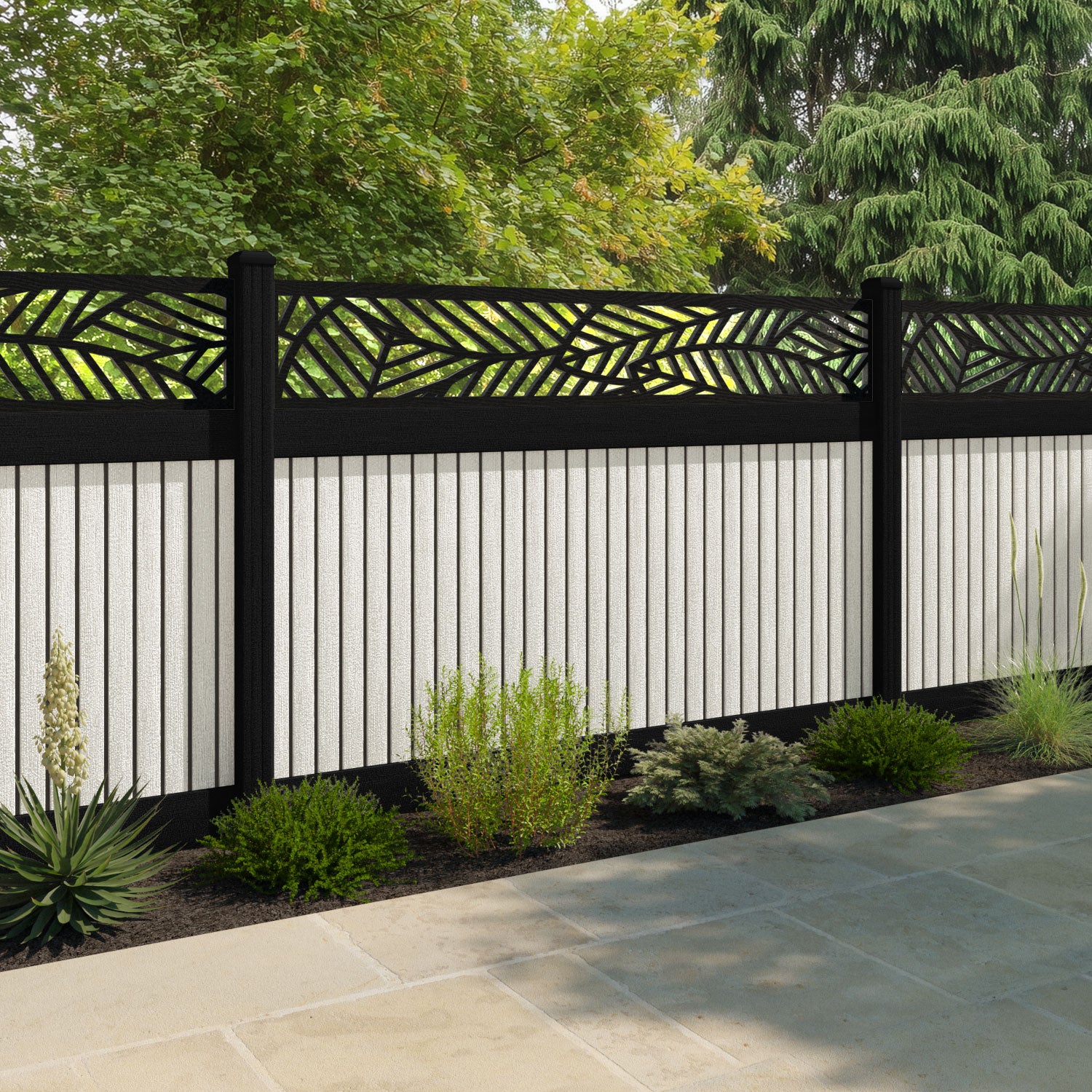 Virtis Habitat Fence Panel - Light Stone - with our aluminium posts