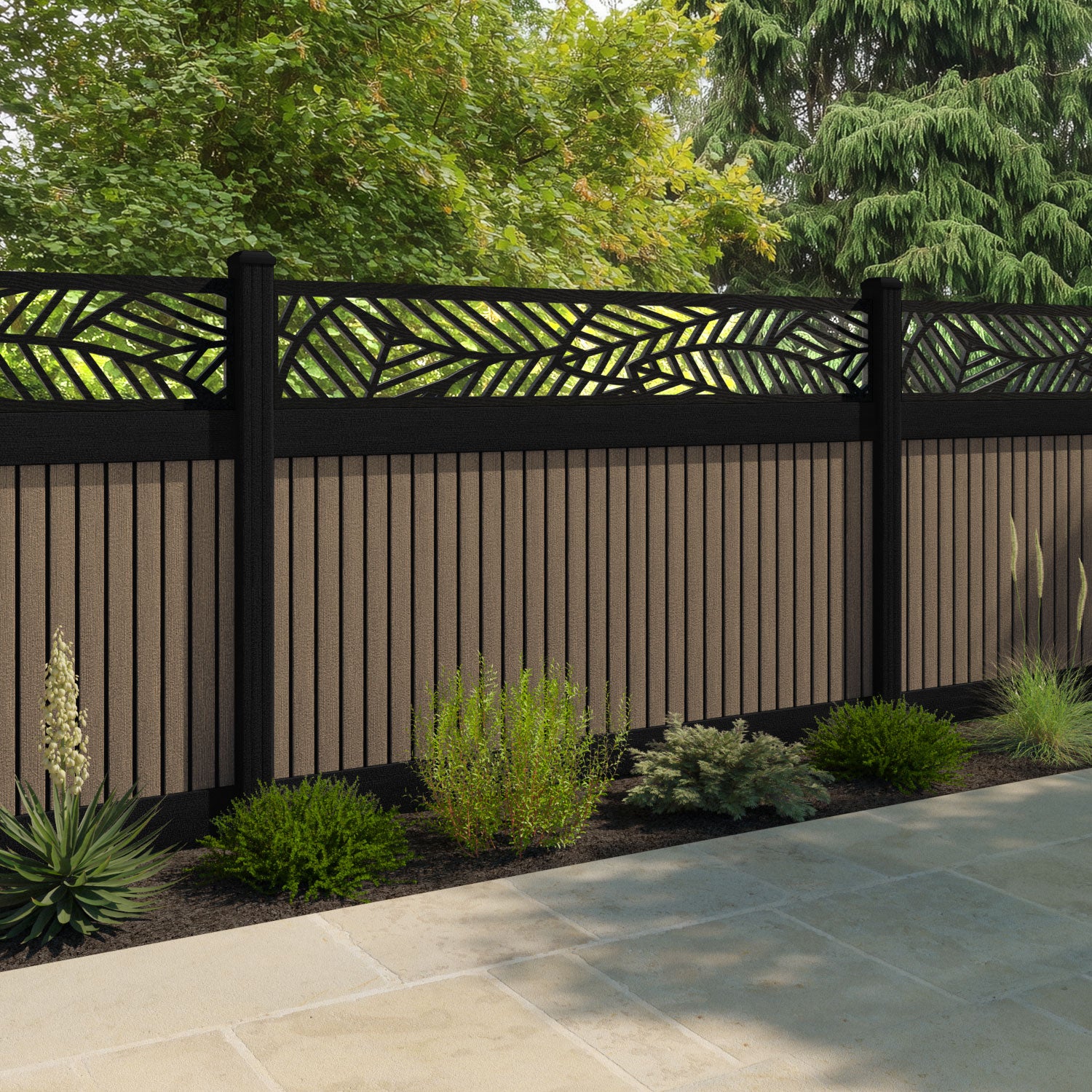 Virtis Habitat Fence Panel - Teak - with our aluminium posts