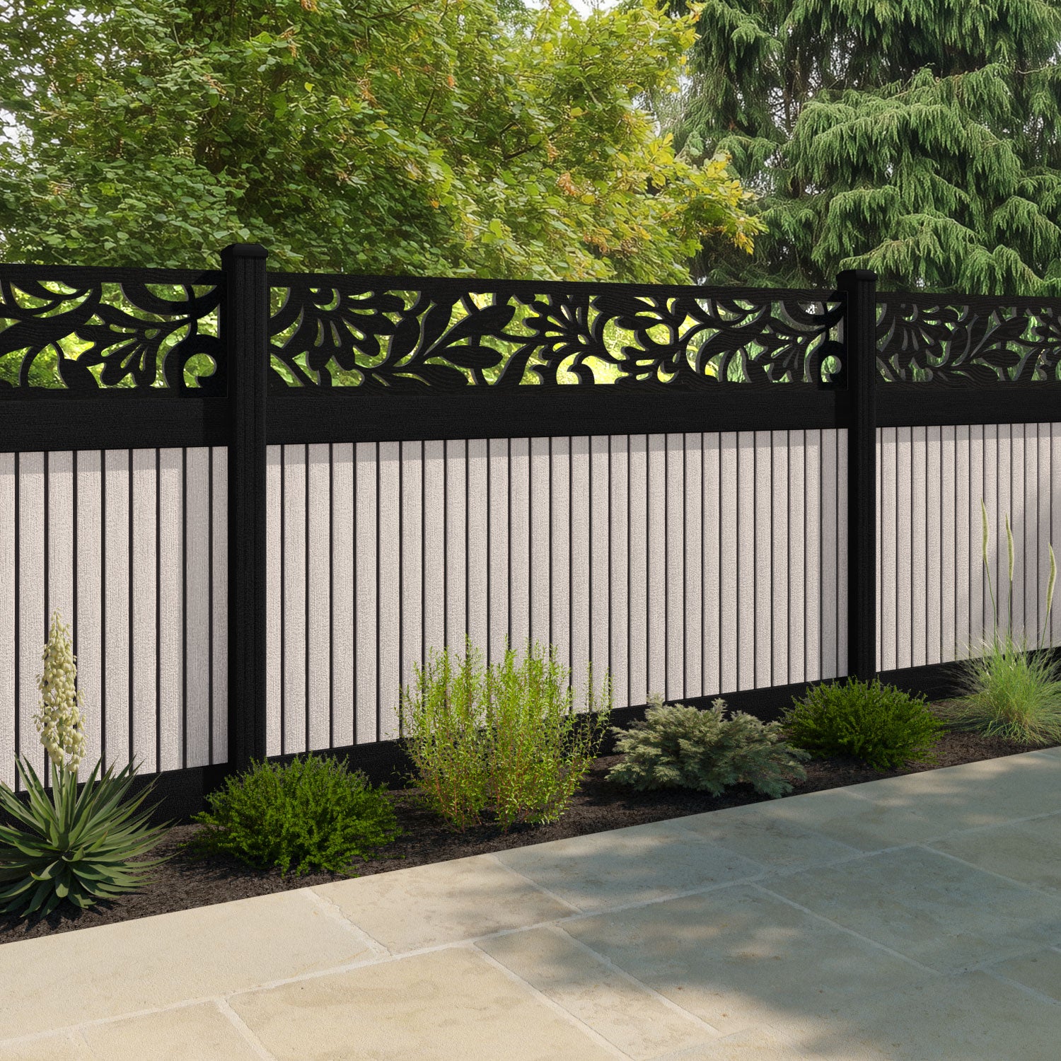 Virtis Heritage Fence Panel - Mid Stone - with our aluminium posts