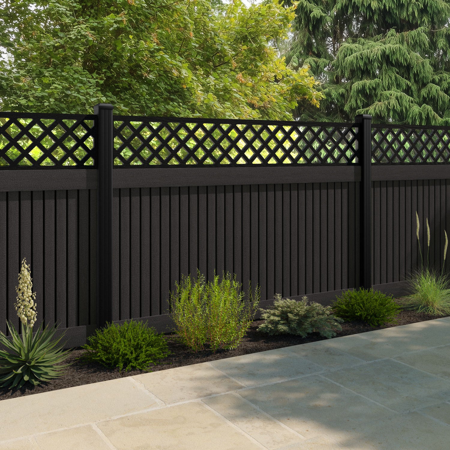 Virtis Hive Fence Panel - Dark Oak - with our aluminium posts
