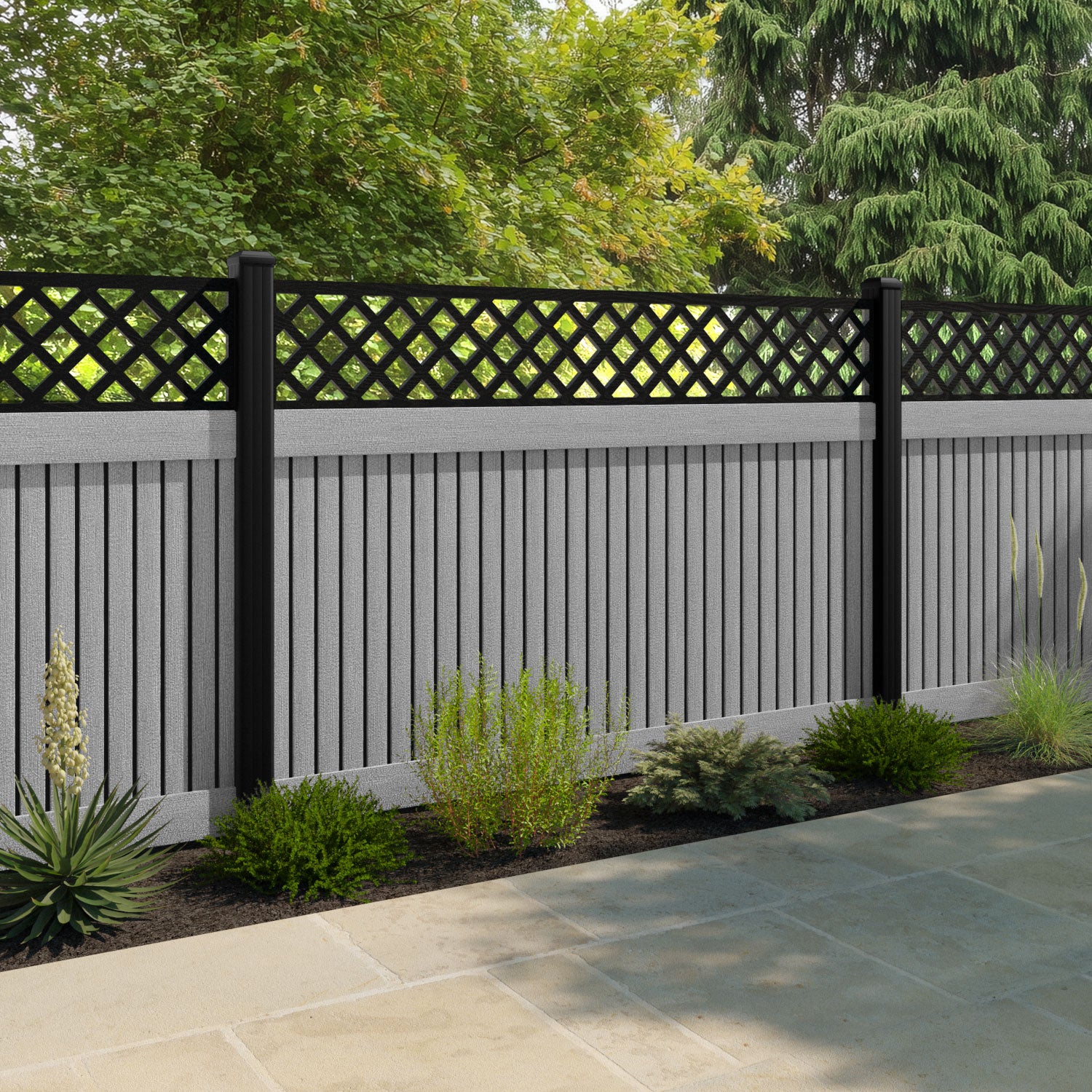 Virtis Hive Fence Panel - Light Grey - with our aluminium posts