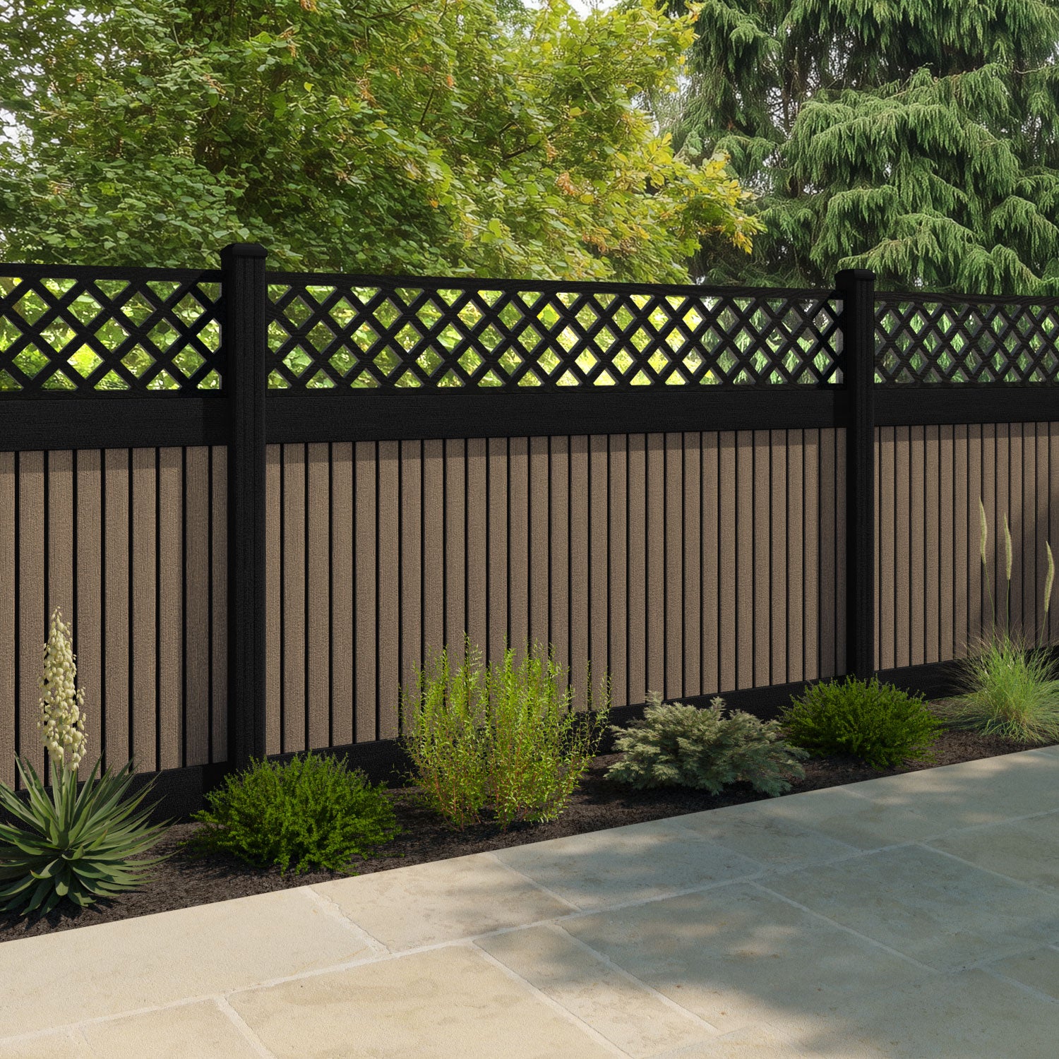 Virtis Hive Fence Panel - Teak - with our aluminium posts