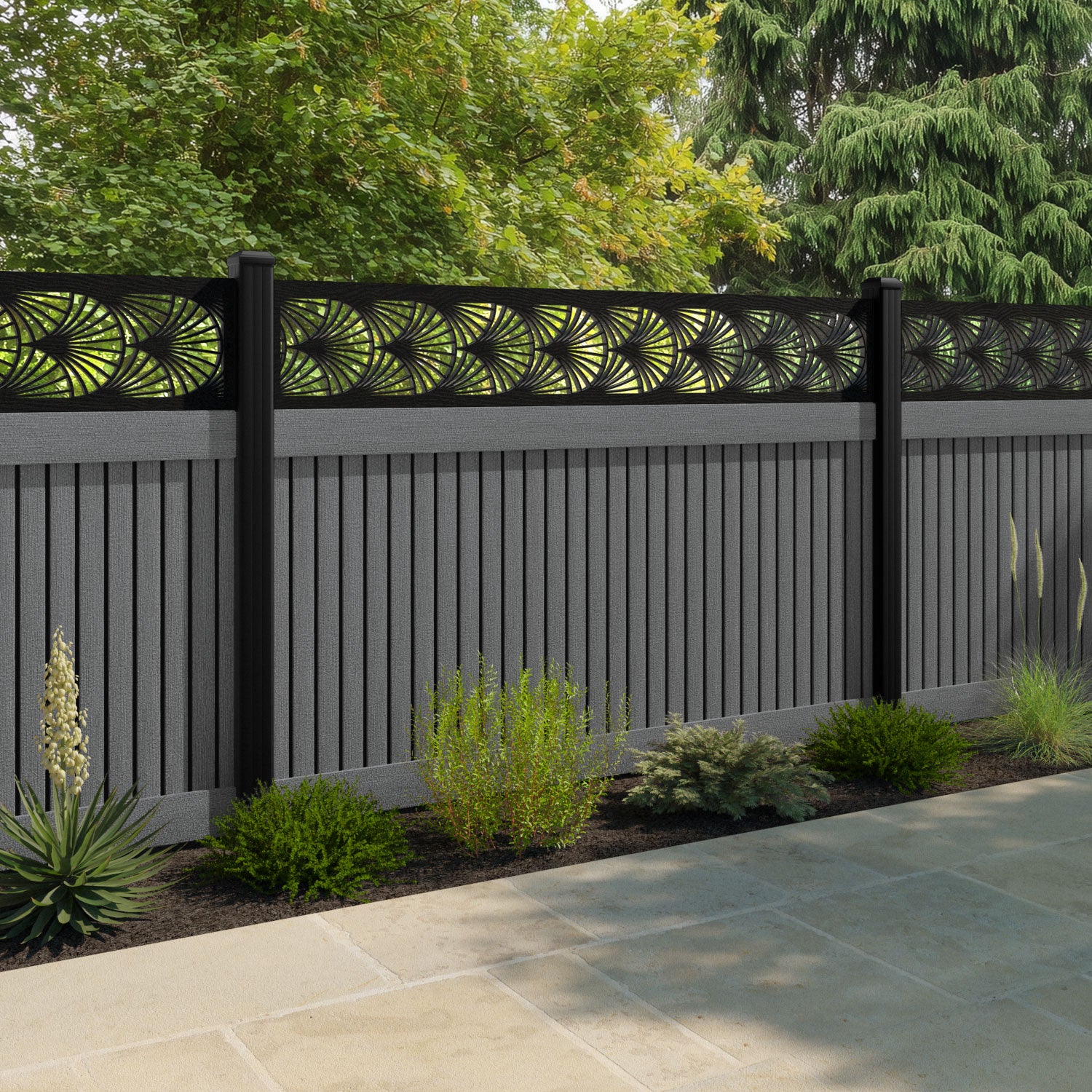 Virtis Laurel Fence Panel - Mid Grey - with our aluminium posts