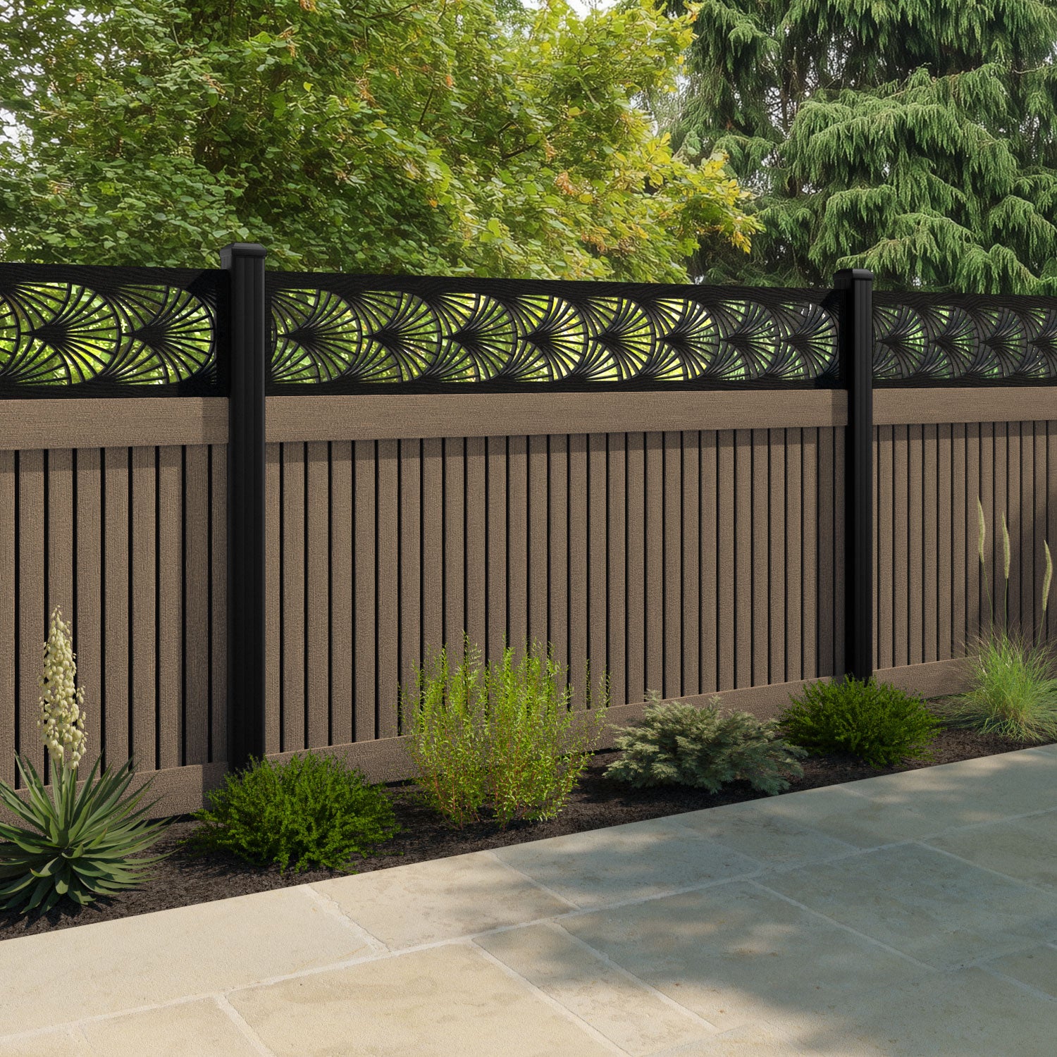 Virtis Laurel Fence Panel - Teak - with our composite posts