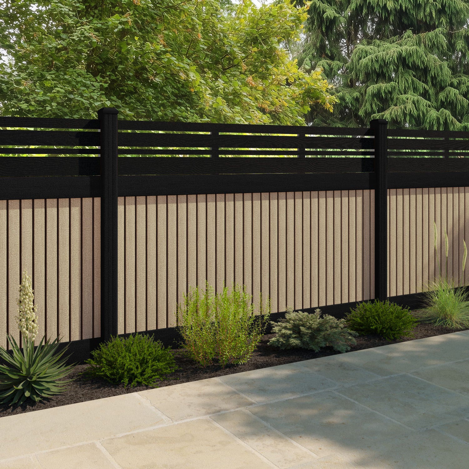 Virtis Linea Fence Panel - Light Oak - with our aluminium posts