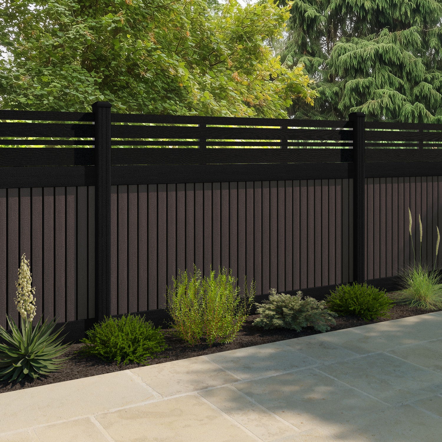 Virtis Linea Fence Panel - Mid Brown - with our aluminium posts
