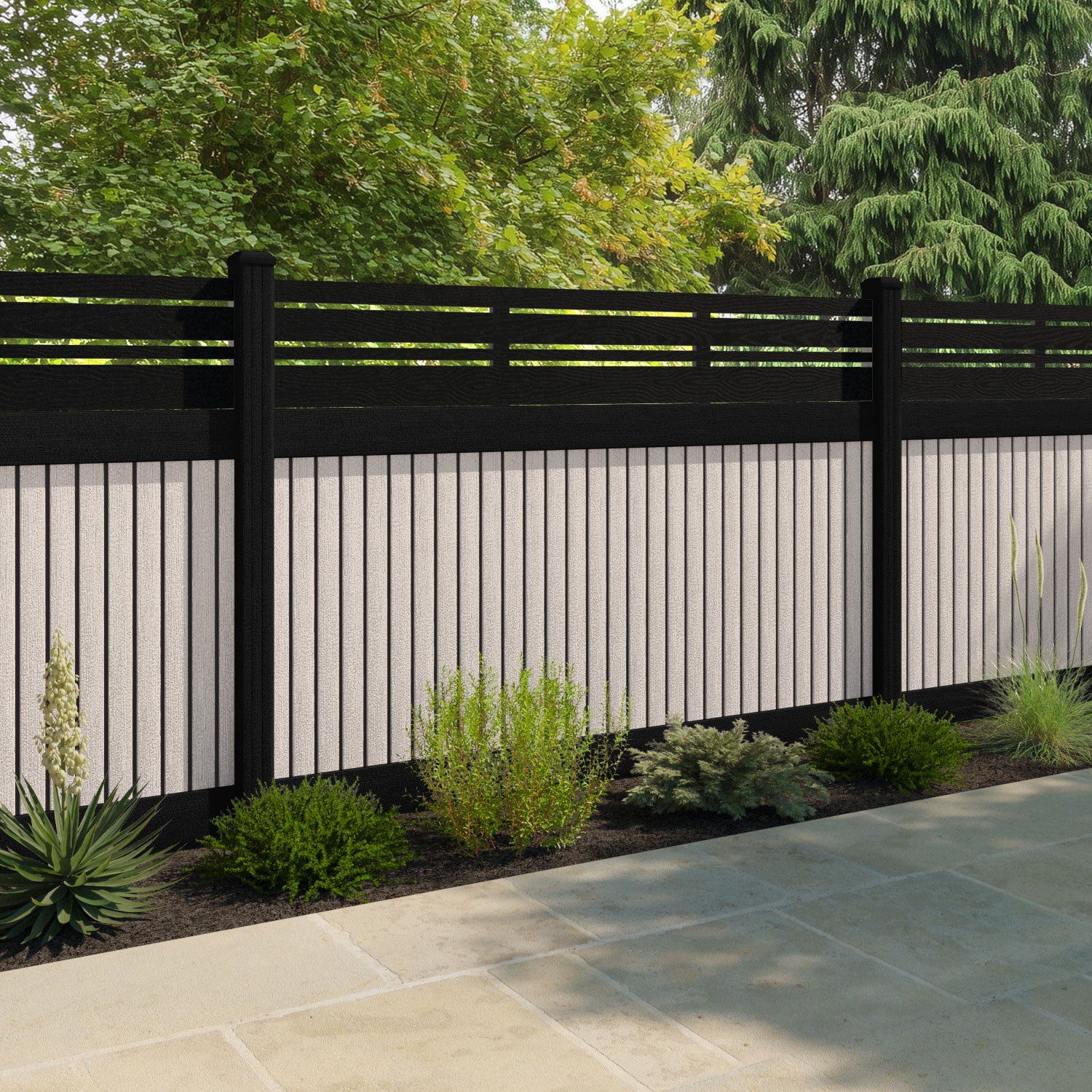Virtis Linea Fence Panel - Mid Stone - with our aluminium posts