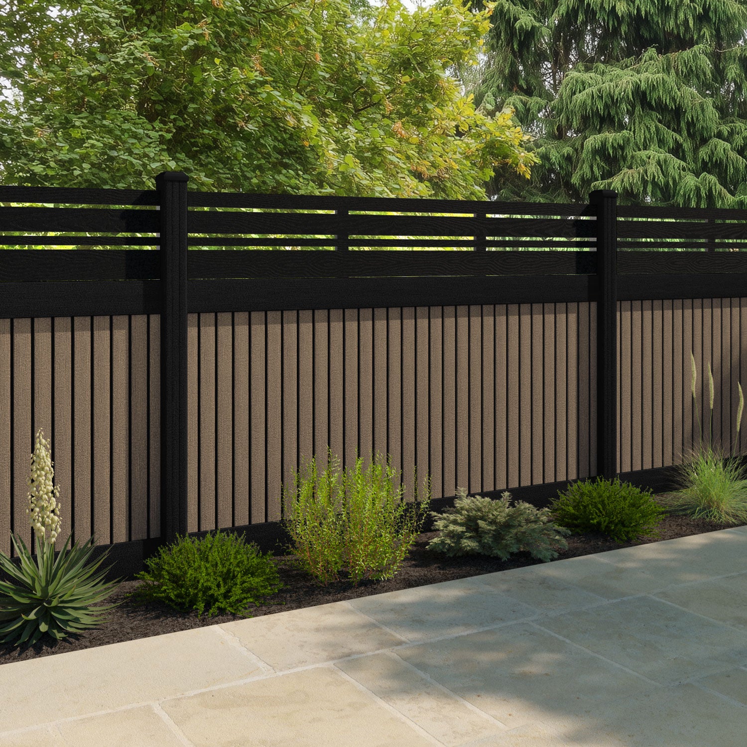 Virtis Linea Fence Panel - Teak - with our aluminium posts