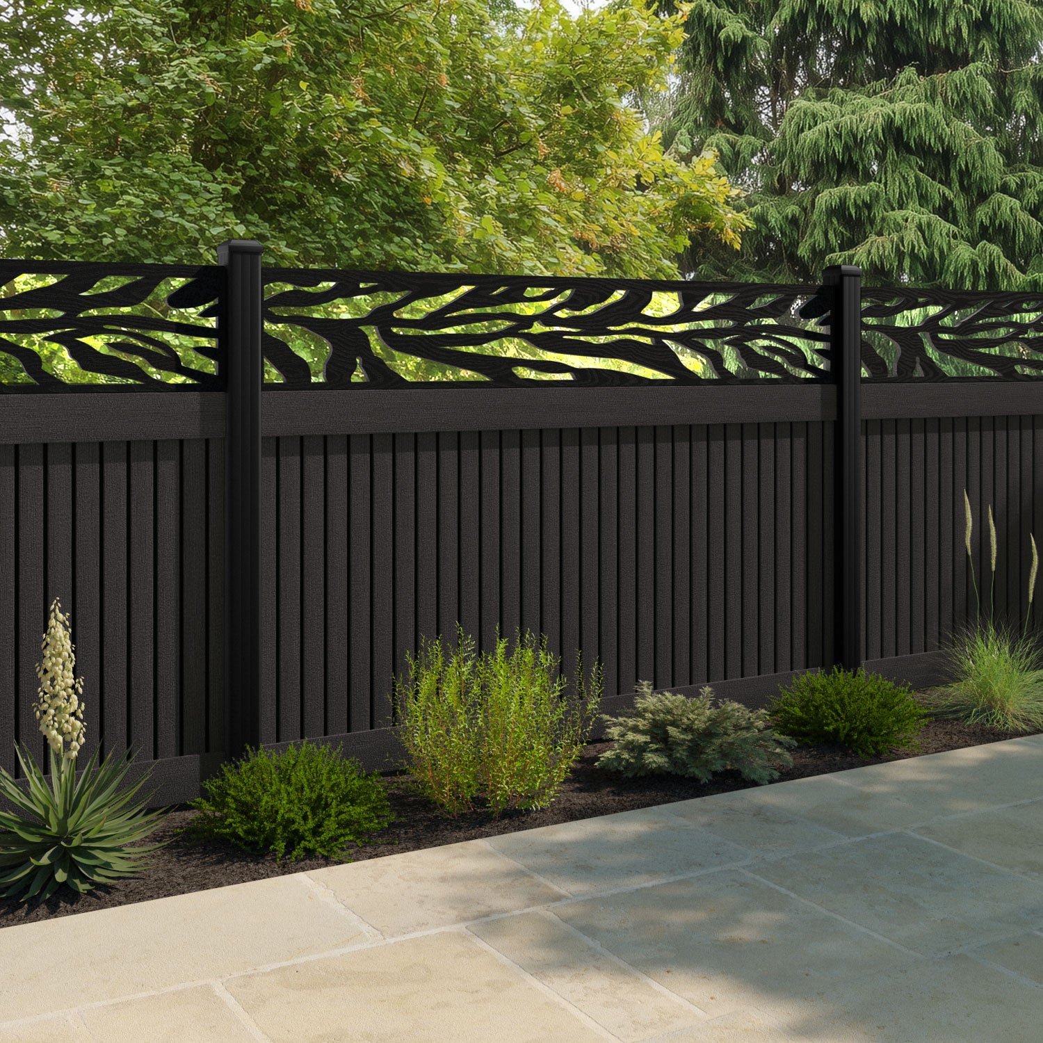 Virtis Malawi Fence Panel - Dark Oak - with our aluminium posts