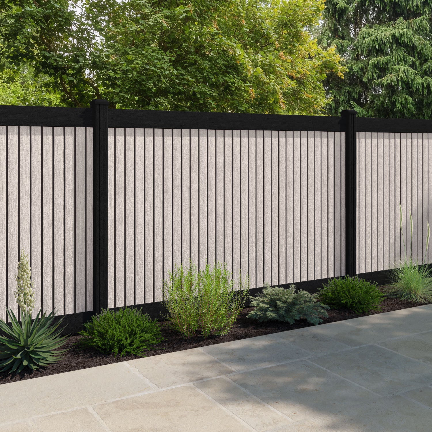 Virtis Fence Panel - Mid Stone - with our aluminium posts