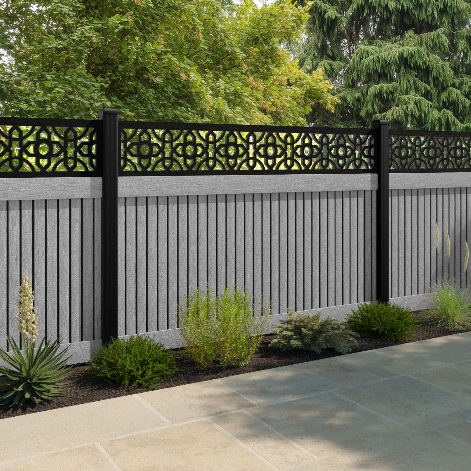 Virtis Nabila Fence Panel - Light Grey - with our aluminium posts