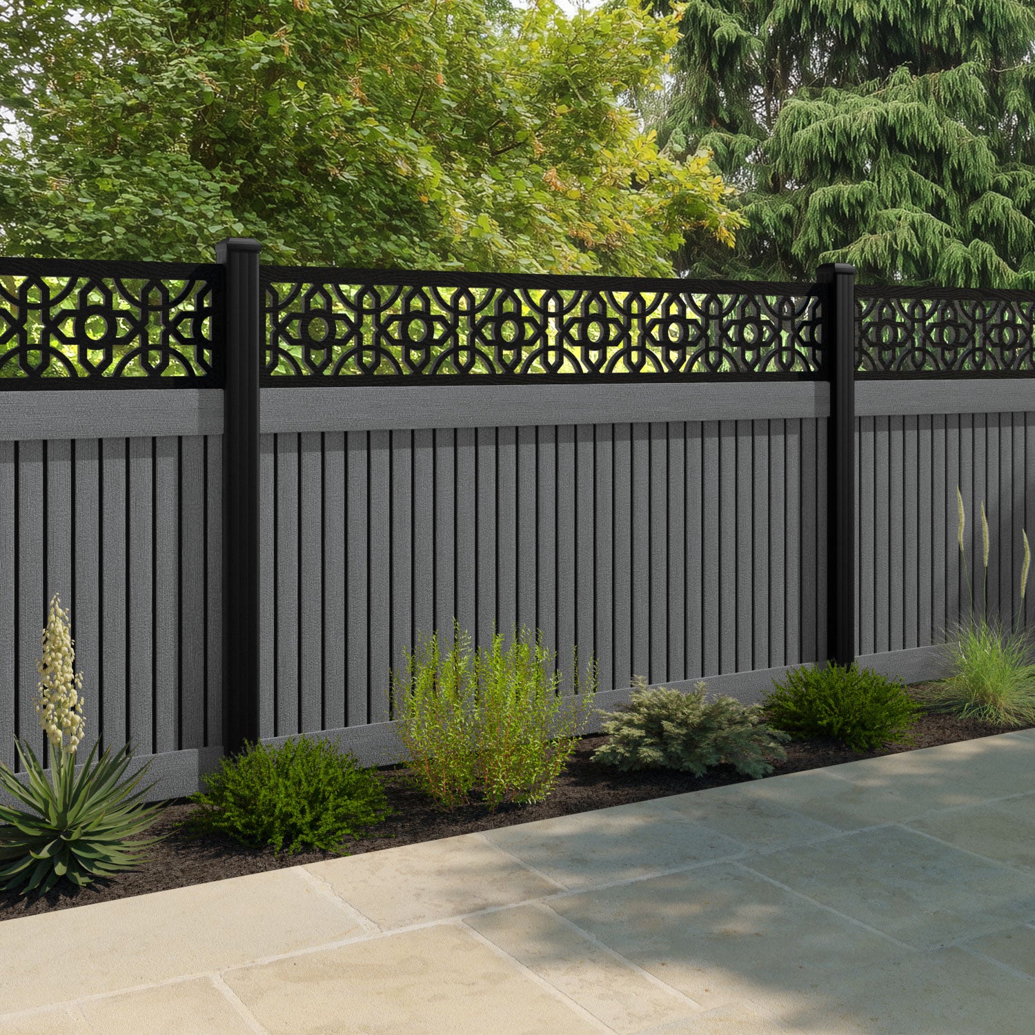 Virtis Nabila Fence Panel - Mid Grey - with our aluminium posts