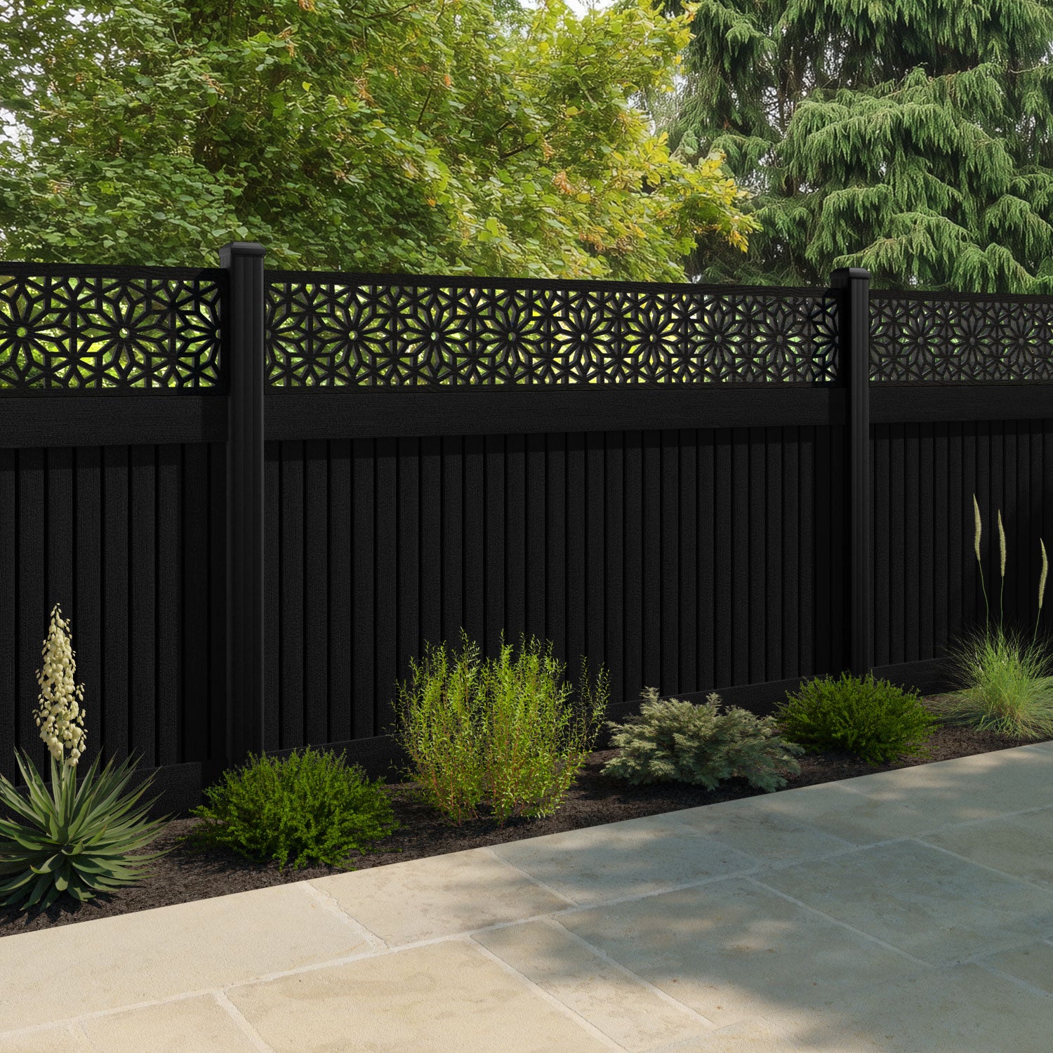 Virtis Narwa Fence Panel - Black - with our aluminium posts