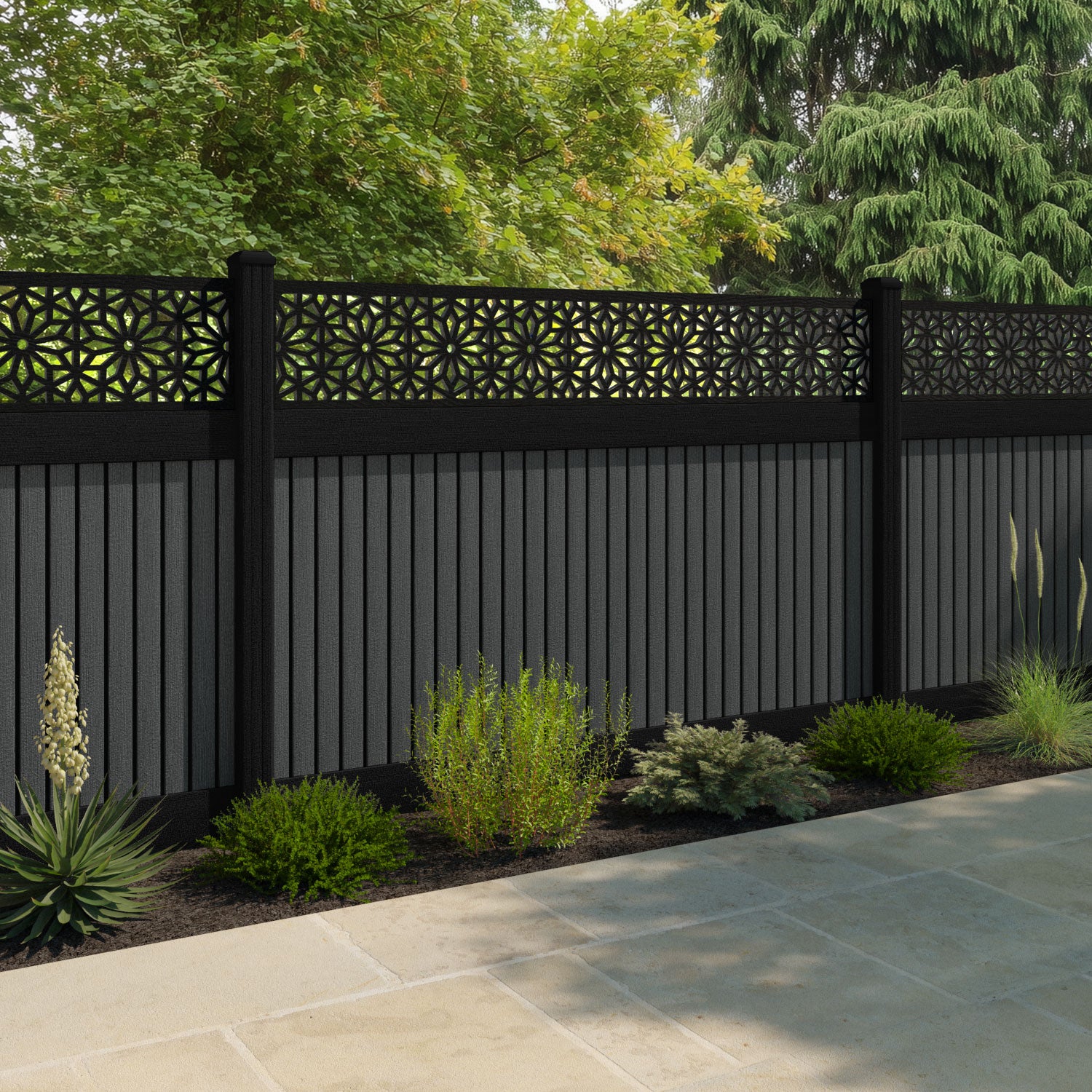 Virtis Narwa Fence Panel - Dark Grey - with our aluminium posts
