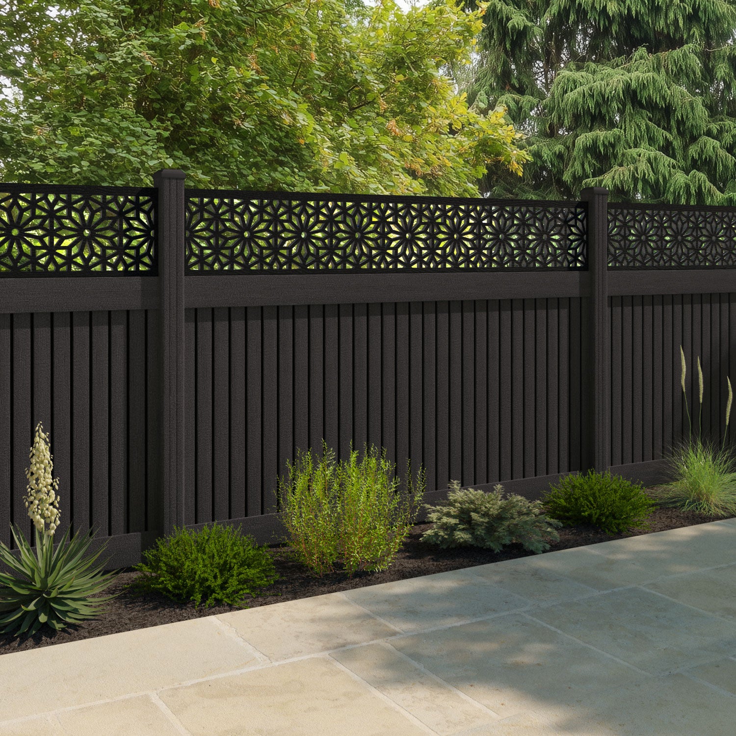 Virtis Narwa Fence Panel - Dark Oak - with our composite posts