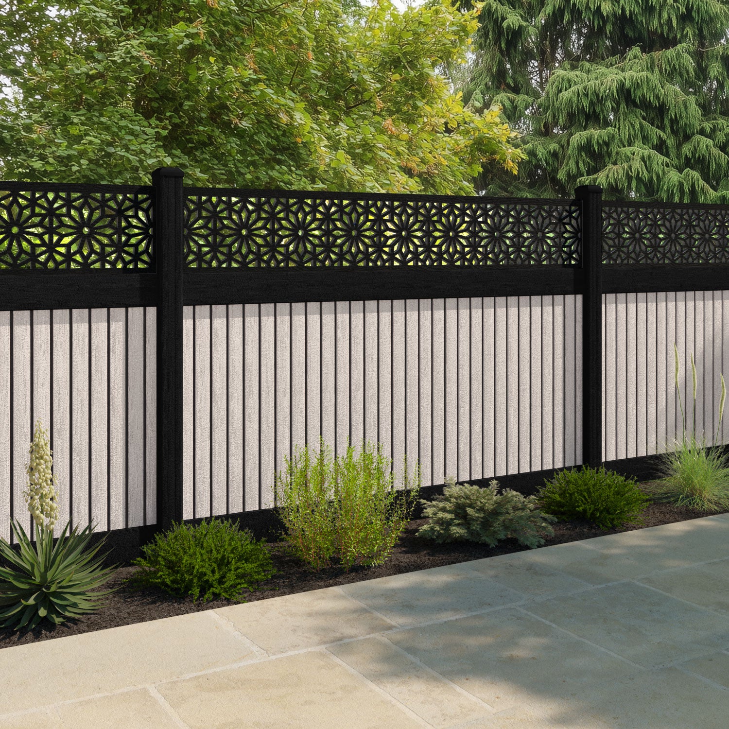 Virtis Narwa Fence Panel - Mid Stone - with our aluminium posts