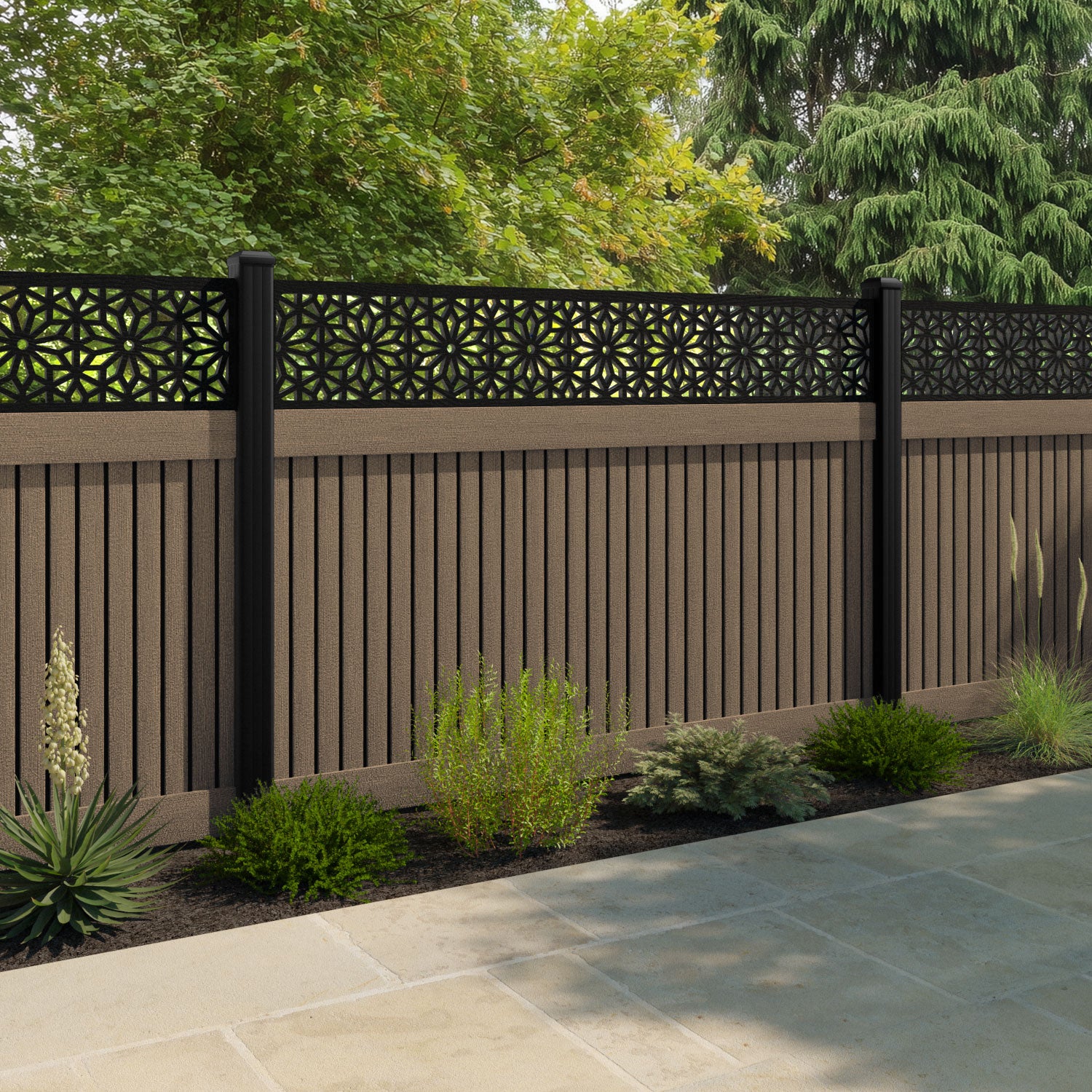 Virtis Narwa Fence Panel - Teak - with our aluminium posts
