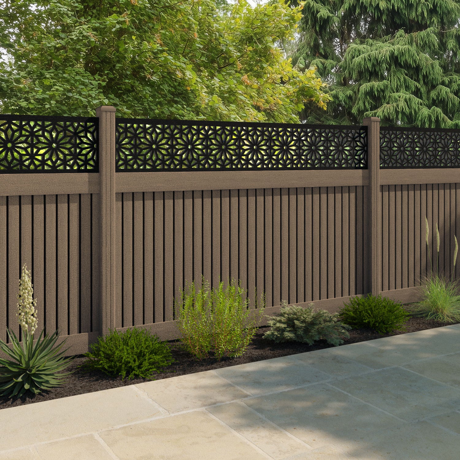 Virtis Narwa Fence Panel - Teak - with our composite posts