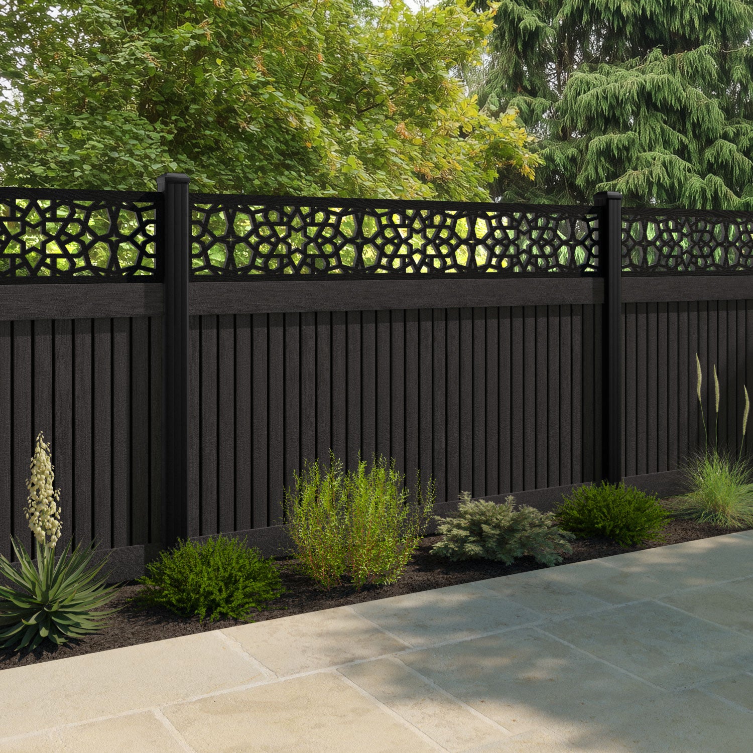 Virtis Nazira Fence Panel - Dark Oak - with our aluminium posts