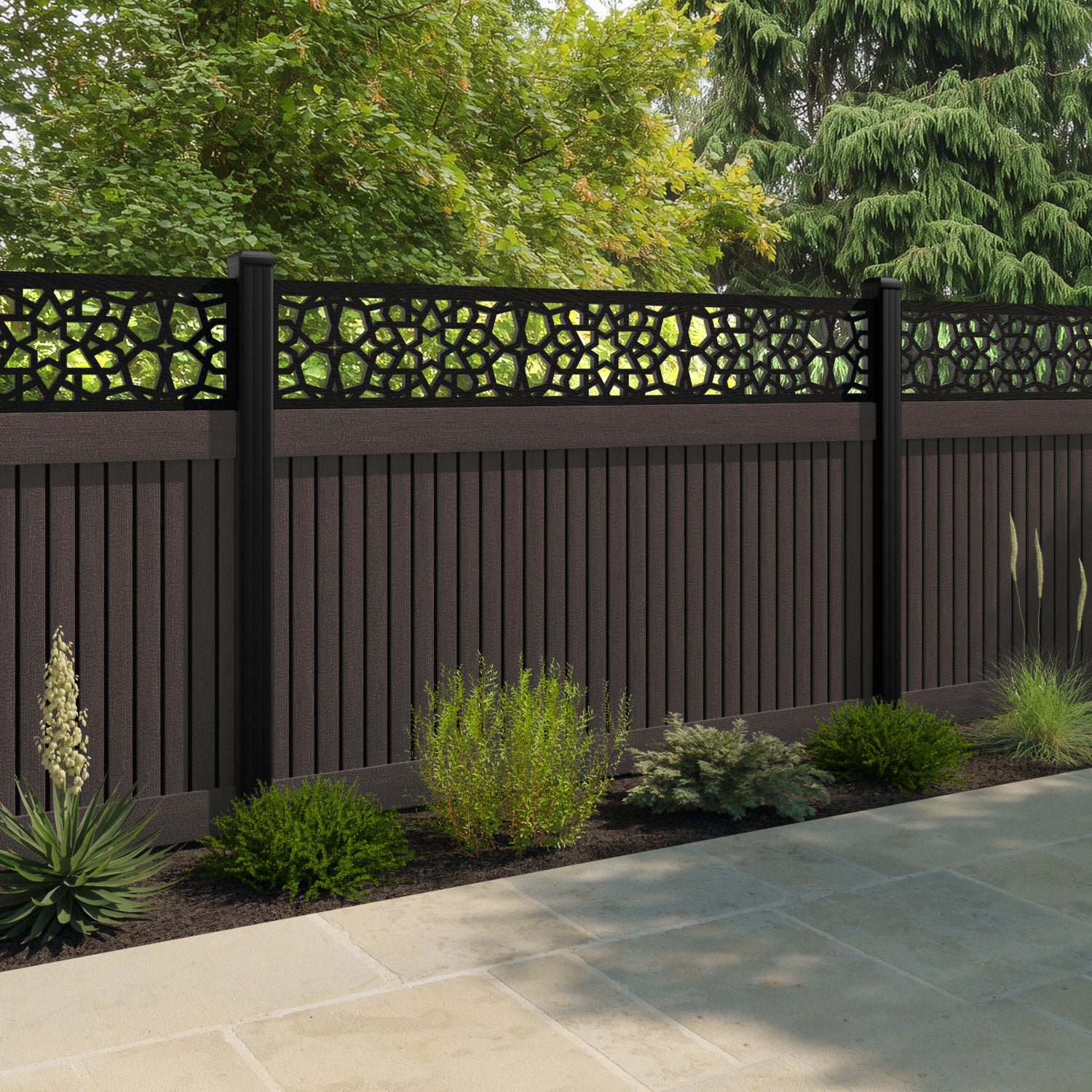 Virtis Nazira Fence Panel - Mid Brown - with our aluminium posts