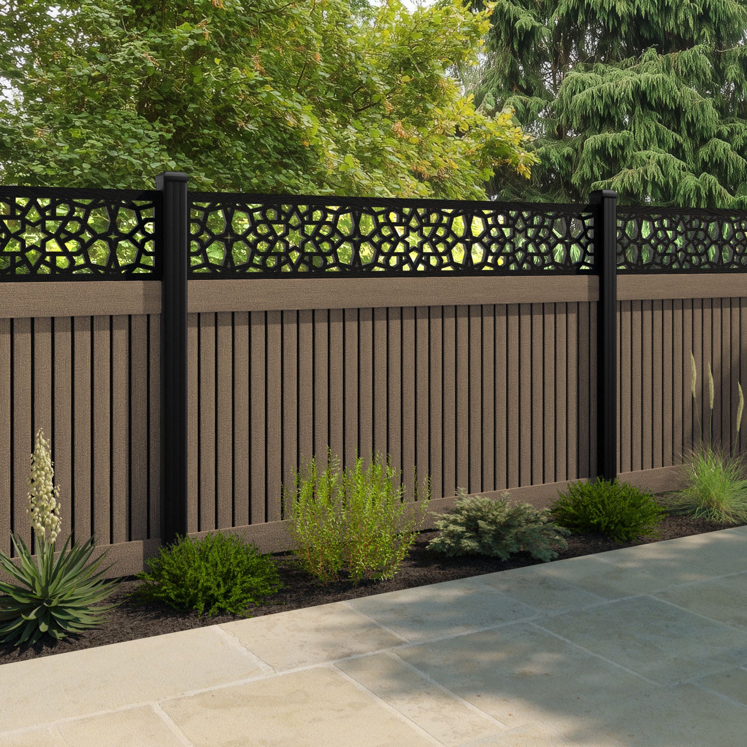 Virtis Nazira Fence Panel - Teak - with our aluminium posts