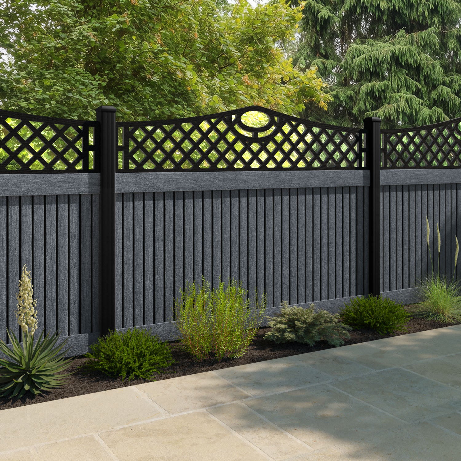 Virtis Oxford Curved Top Fence Panel - Anthracite - with our composite posts