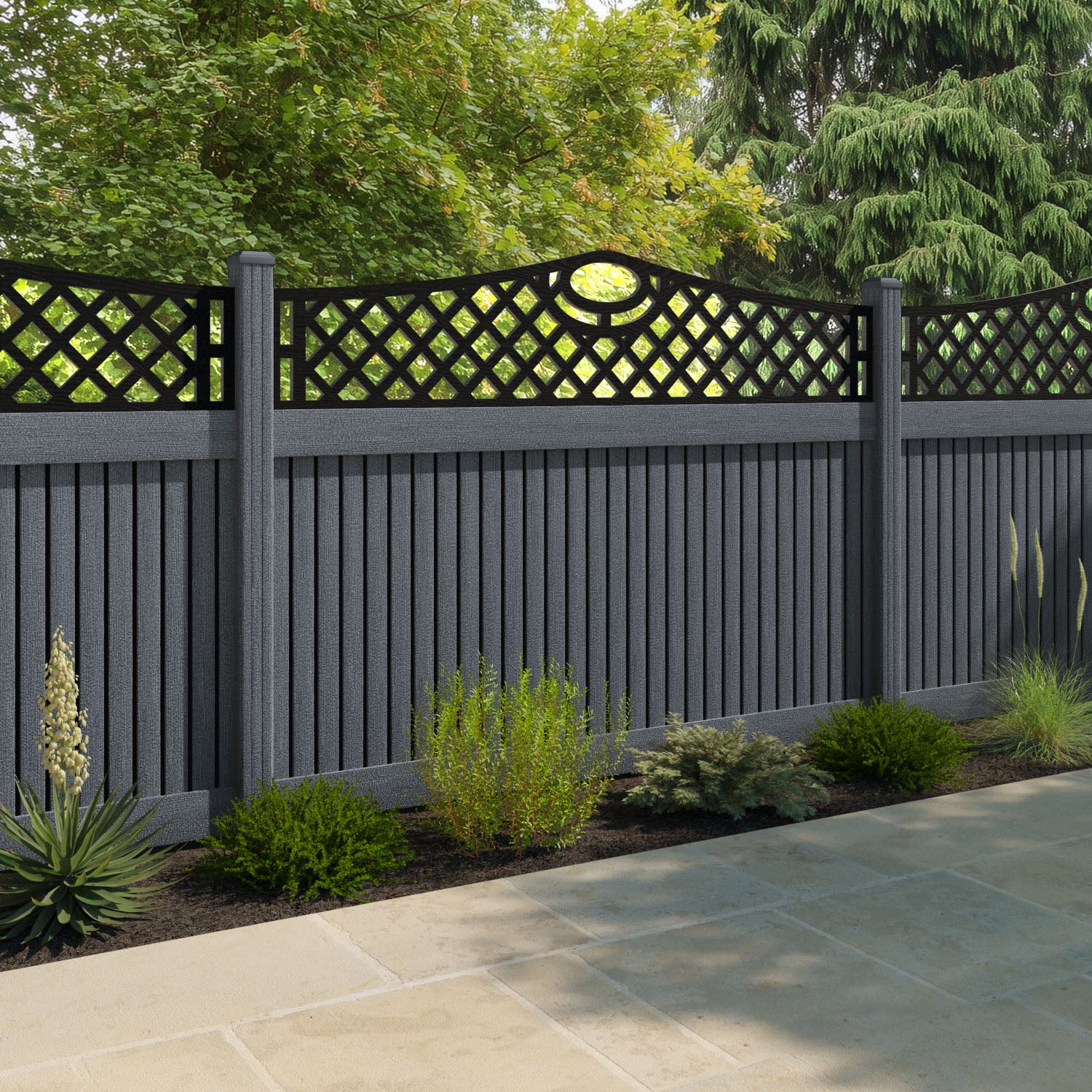 Virtis Oxford Curved Top Fence Panel - Anthracite - with our composite posts
