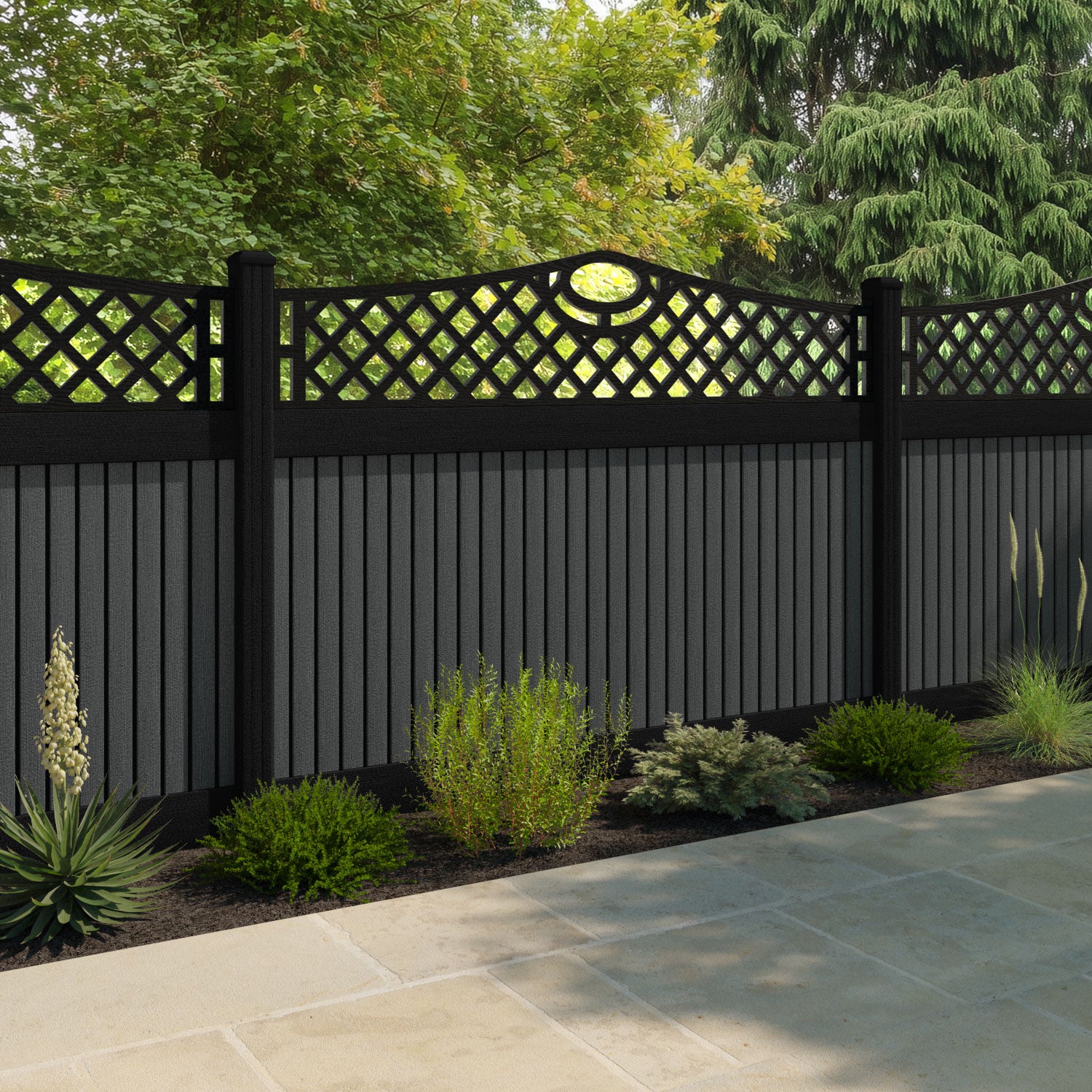 Virtis Oxford Curved Top Fence Panel - Dark Grey - with our aluminium posts