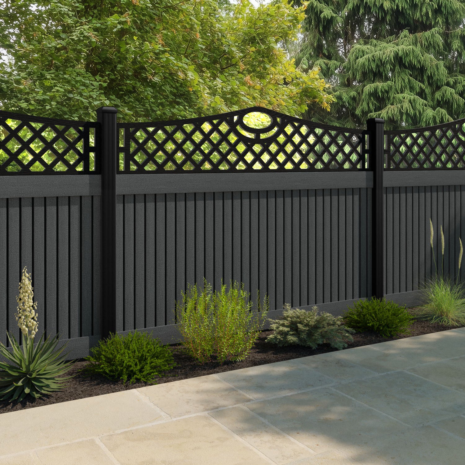 Virtis Oxford Curved Top Fence Panel - Dark Grey - with our composite posts