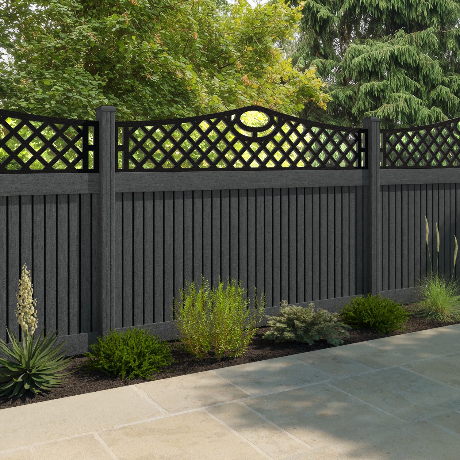 Virtis Oxford Curved Top Fence Panel - Dark Grey - with our composite posts