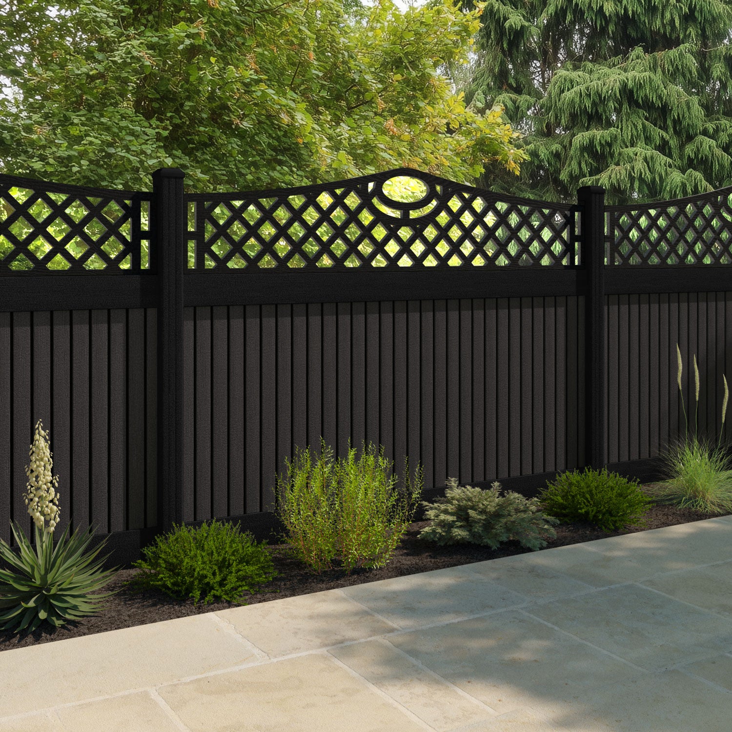 Virtis Oxford Curved Top Fence Panel - Dark Oak - with our composite posts