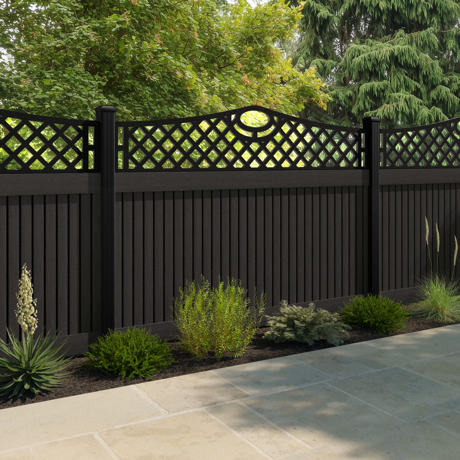 Virtis Oxford Curved Top Fence Panel - Dark Oak - with our composite posts