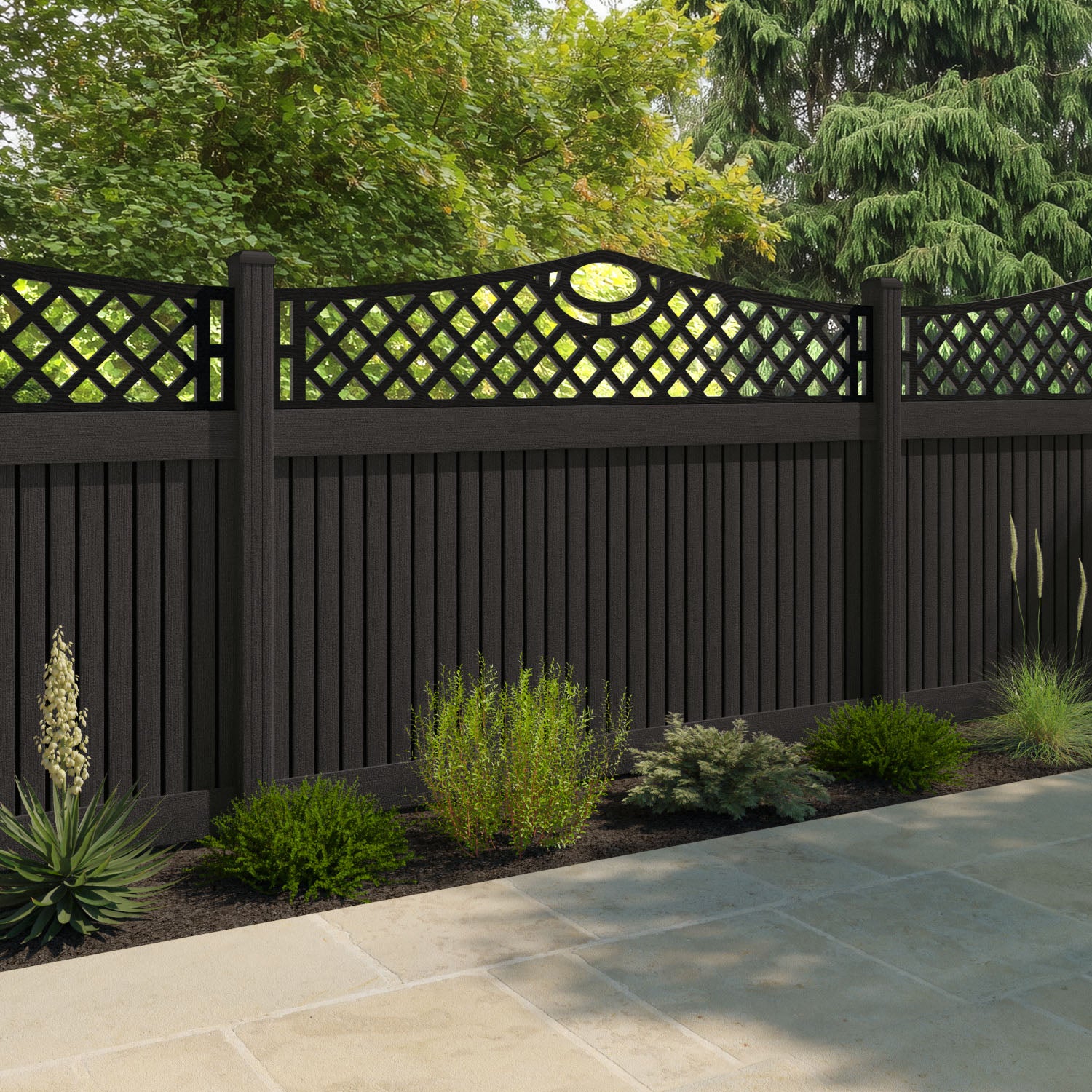 Virtis Oxford Curved Top Fence Panel - Dark Oak - with our composite posts