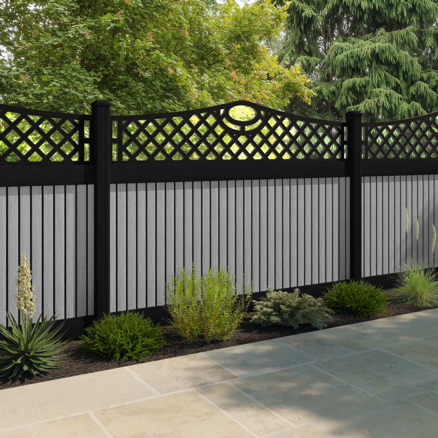 Virtis Oxford Curved Top Fence Panel - Light Grey - with our aluminium posts