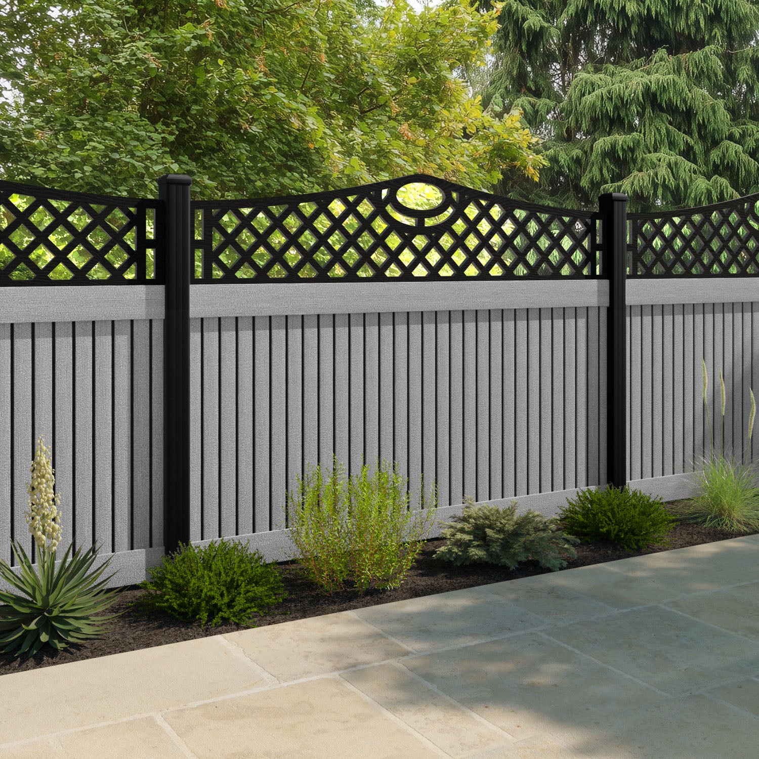 Virtis Oxford Curved Top Fence Panel - Light Grey - with our aluminium posts