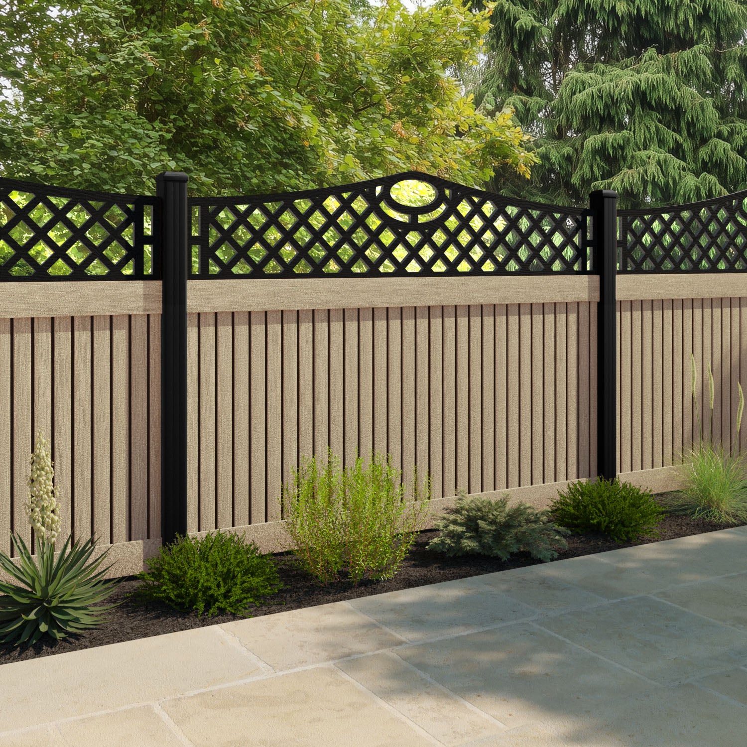 Virtis Oxford Curved Top Fence Panel - Light Oak - with our composite posts