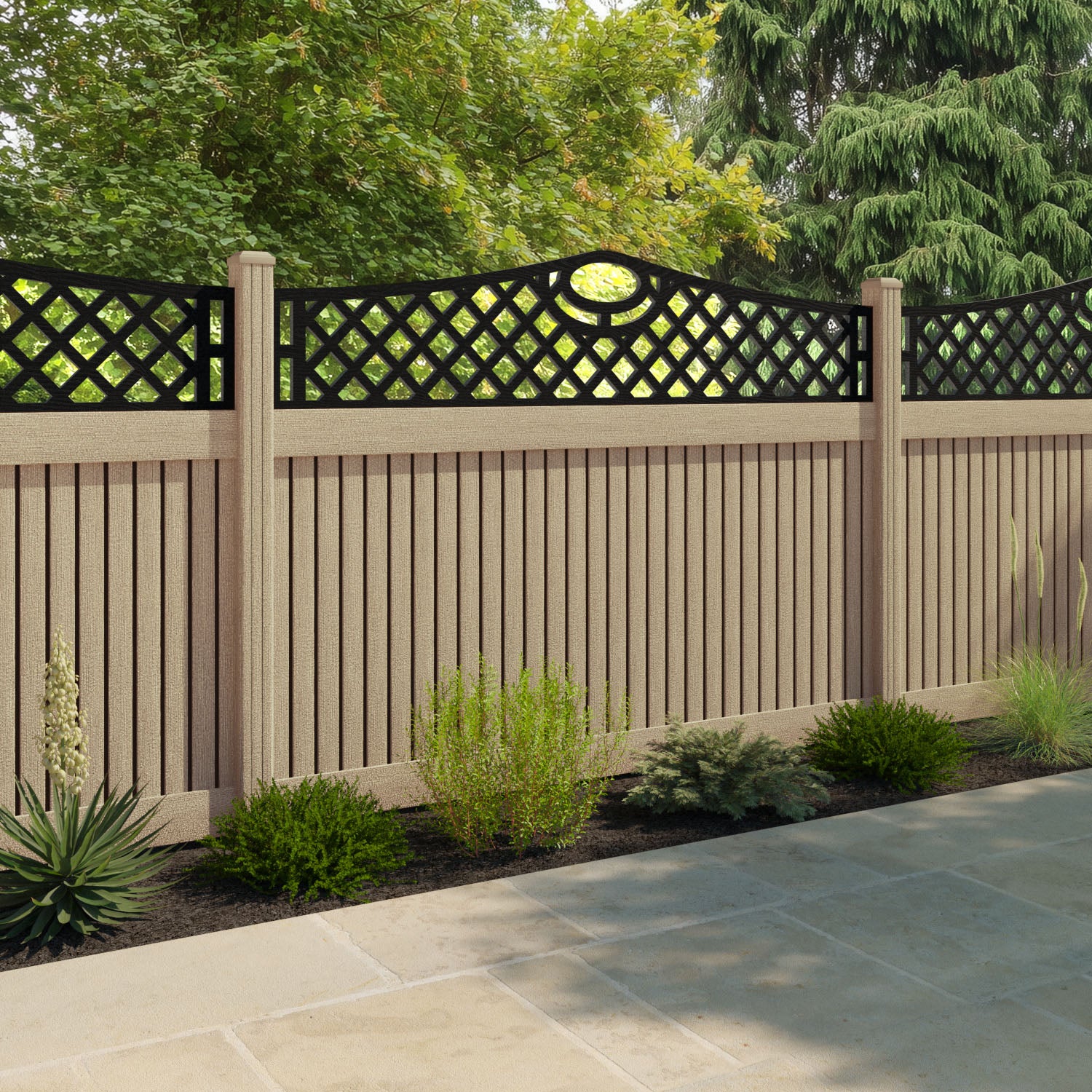 Virtis Oxford Curved Top Fence Panel - Light Oak - with our composite posts