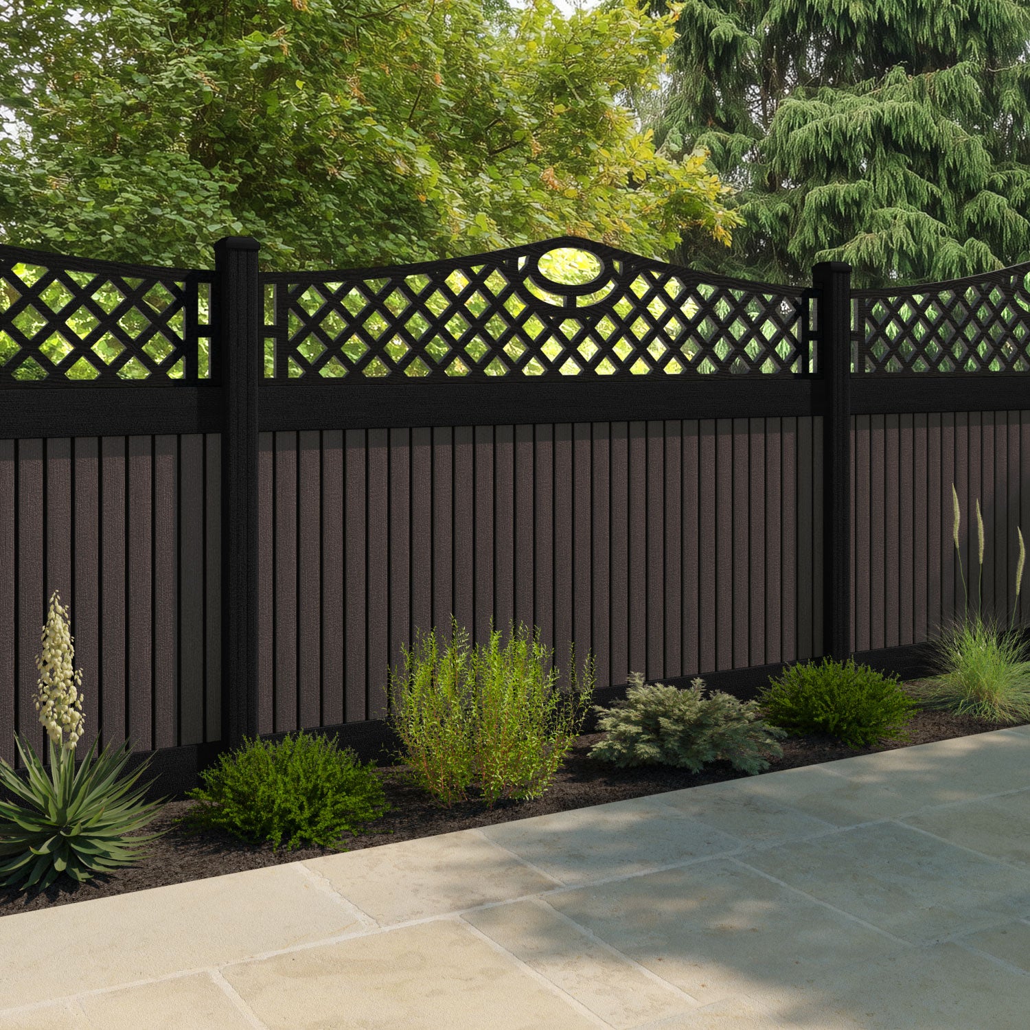 Virtis Oxford Curved Top Fence Panel - Mid Brown - with our composite posts